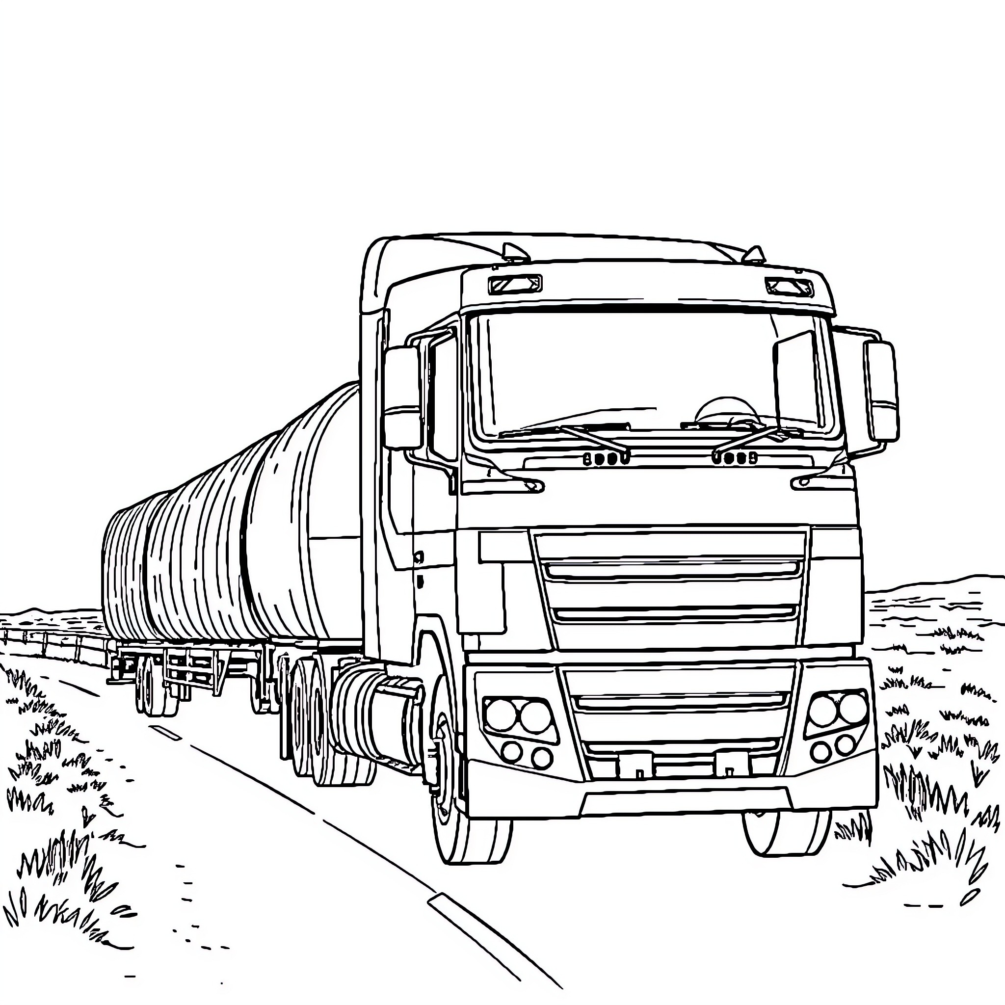 Roadtrain hauling cargo along a rural road Coloring Page (free black-and-white line drawing printable PDF for all, from beginners to advanced learners, including children, teens, adults, and seniors)