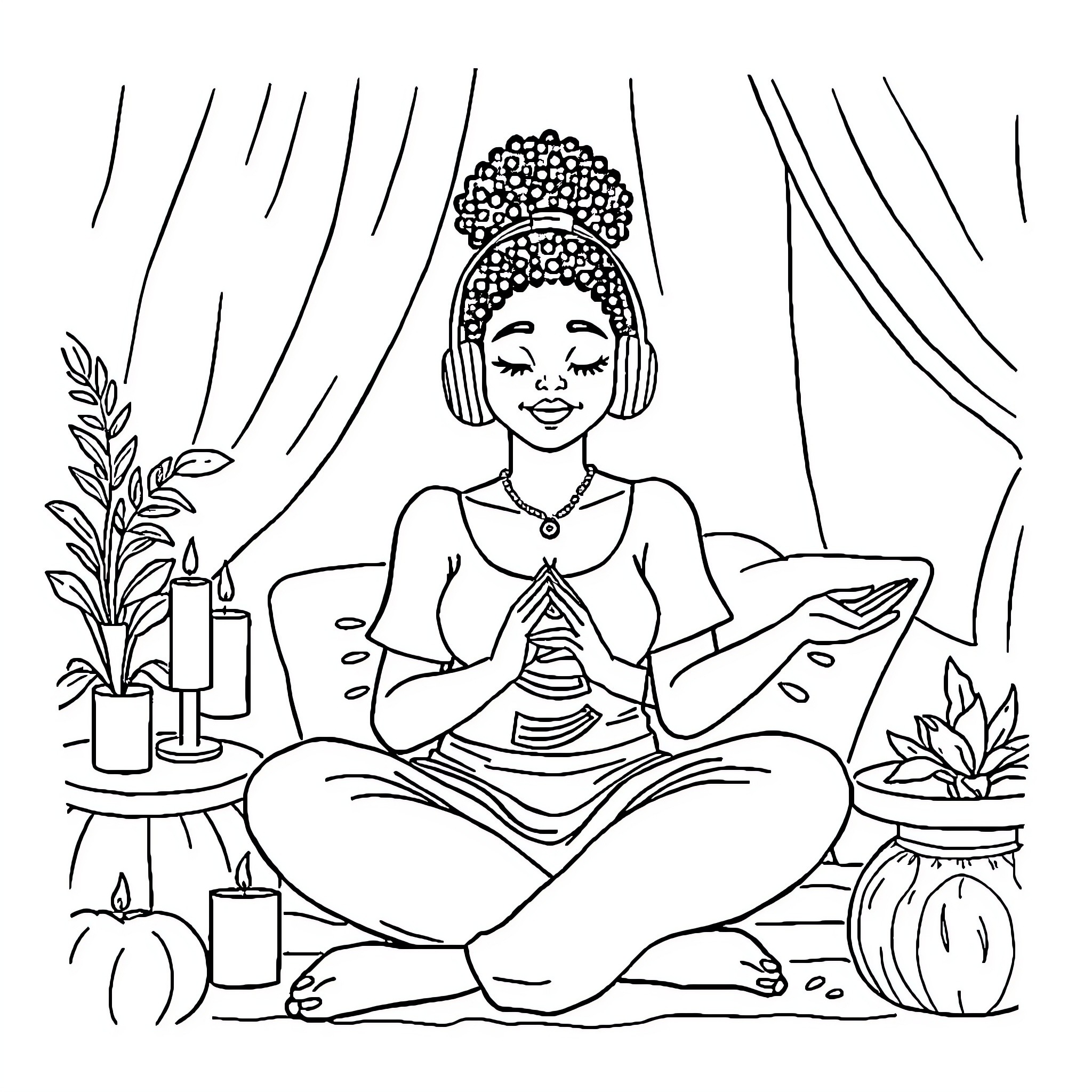 Girl meditating with flowers and candles Coloring Page (free black-and-white line drawing printable PDF for all, from beginners to advanced learners, including children, teens, adults, and seniors)