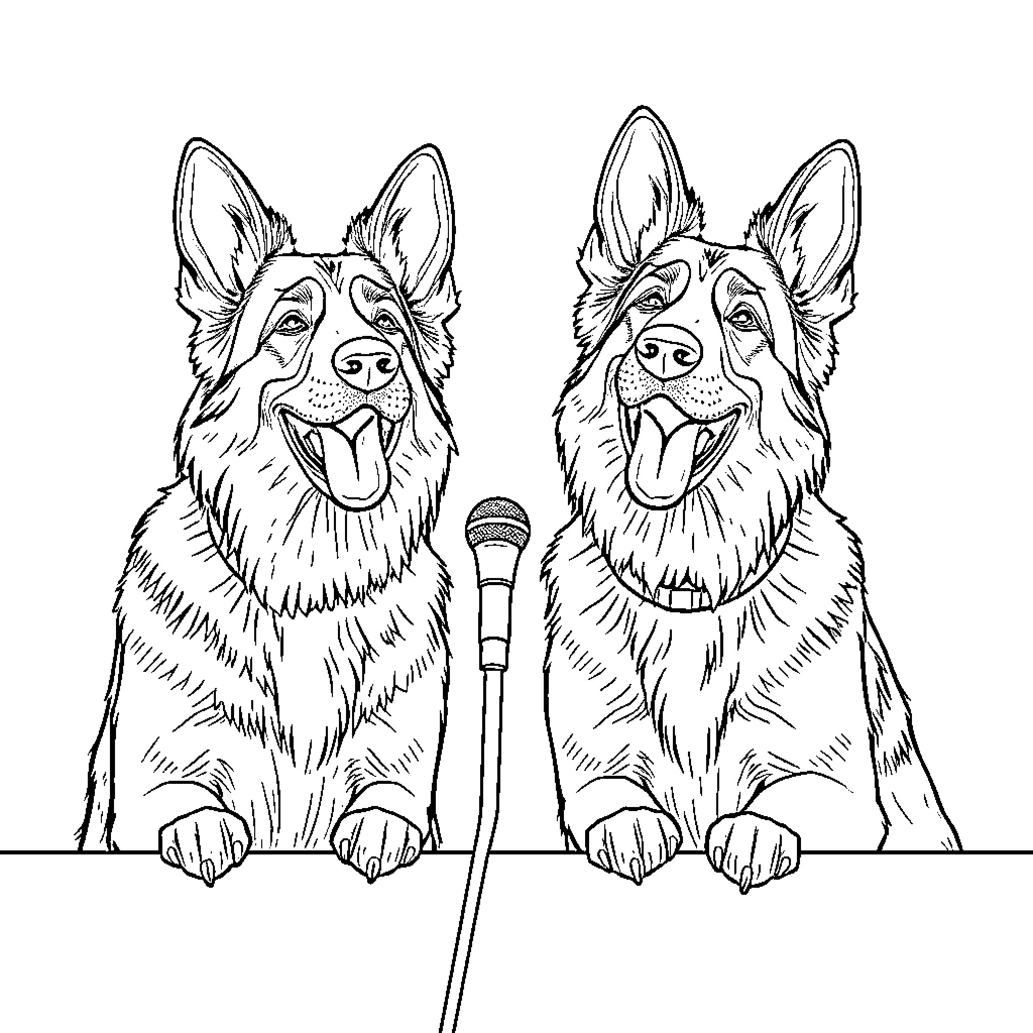 German Shepherds performing a duet on stage Coloring Page (free black-and-white line drawing printable PDF for all, from beginners to advanced learners, including children, teens, adults, and seniors)