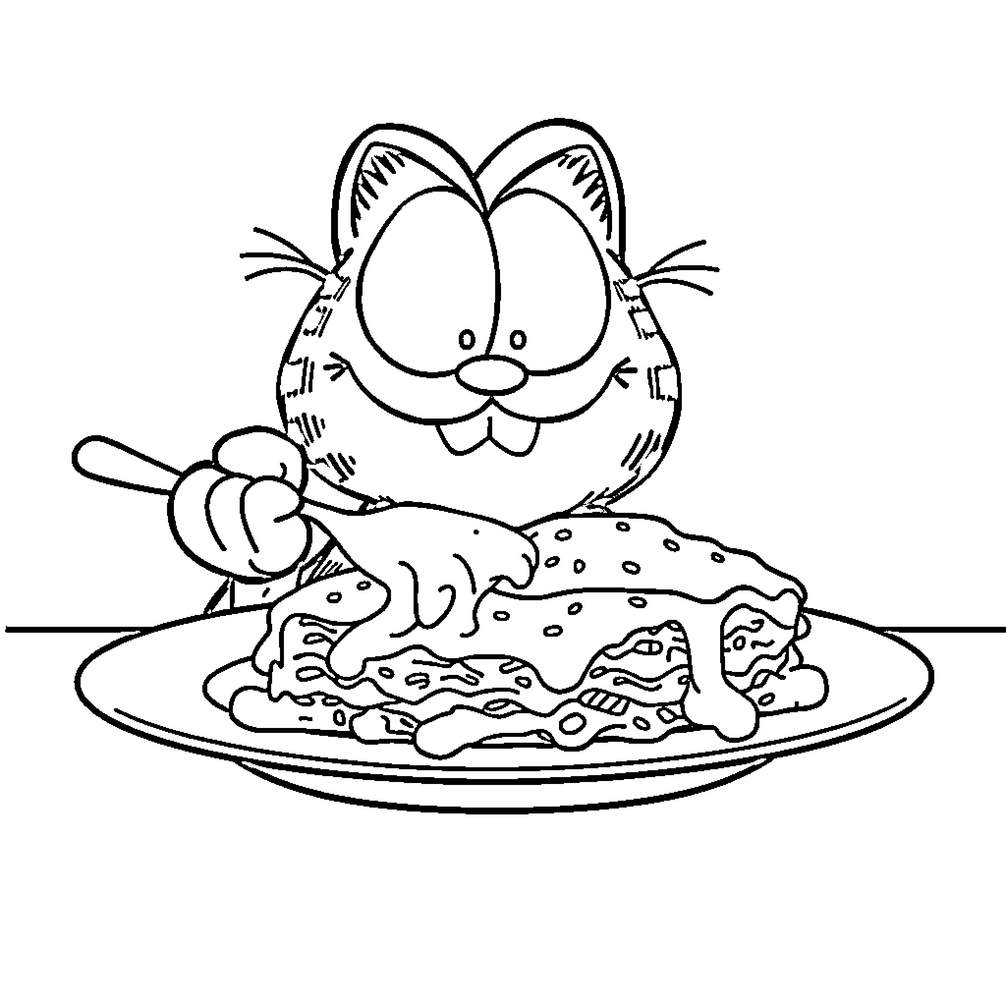 Garfield enjoying a hearty meal Coloring Page (free black-and-white line drawing printable PDF for all, from beginners to advanced learners, including children, teens, adults, and seniors)