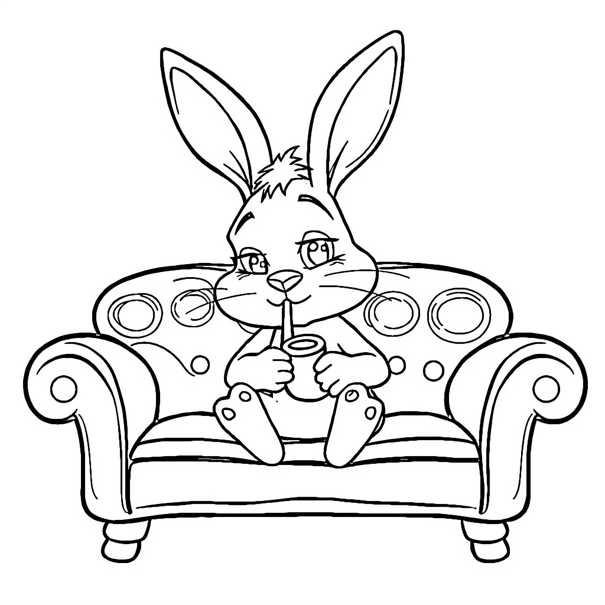 Rabbit relaxing comfortably on the couch Coloring Page (free black-and-white line drawing printable PDF for all, from beginners to advanced learners, including children, teens, adults, and seniors)