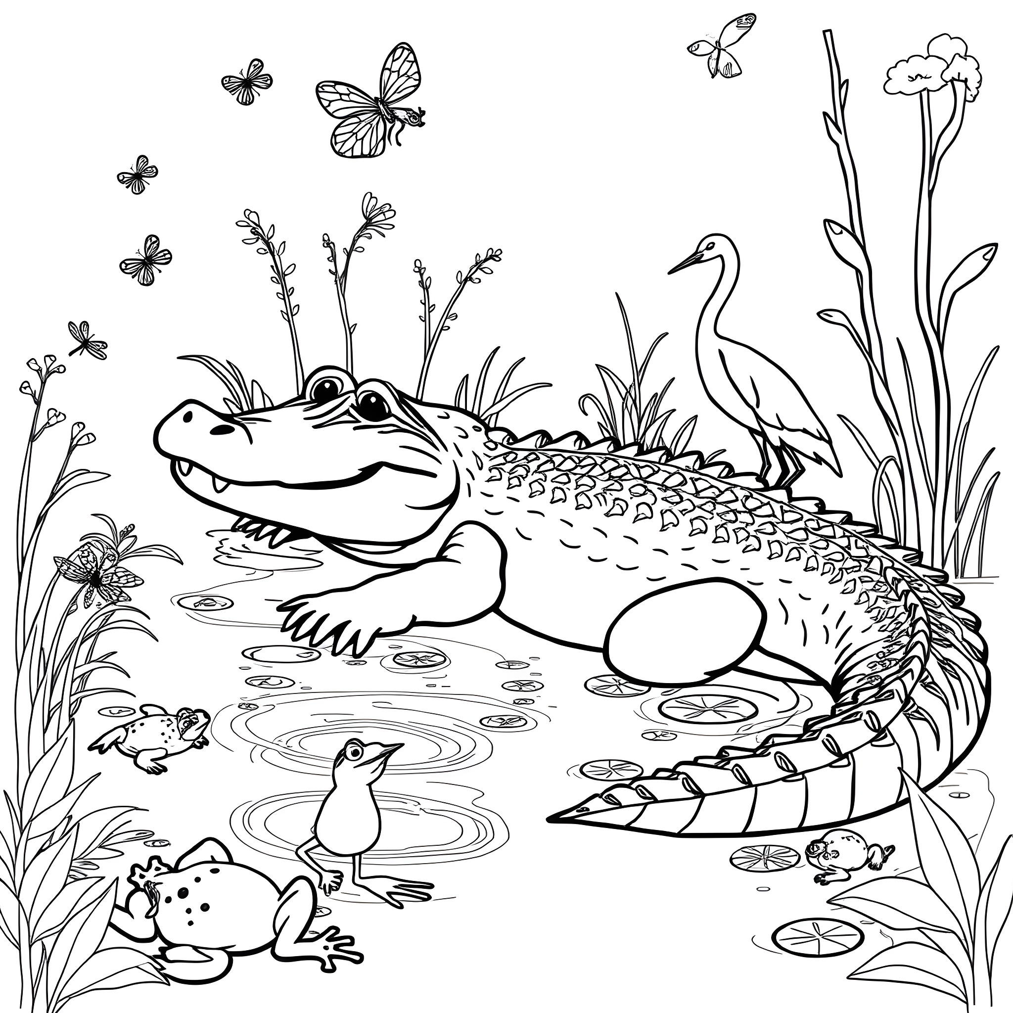 Alligator resting in the wetland habitat Coloring Page (free black-and-white line drawing printable PDF for all, from beginners to advanced learners, including children, teens, adults, and seniors)