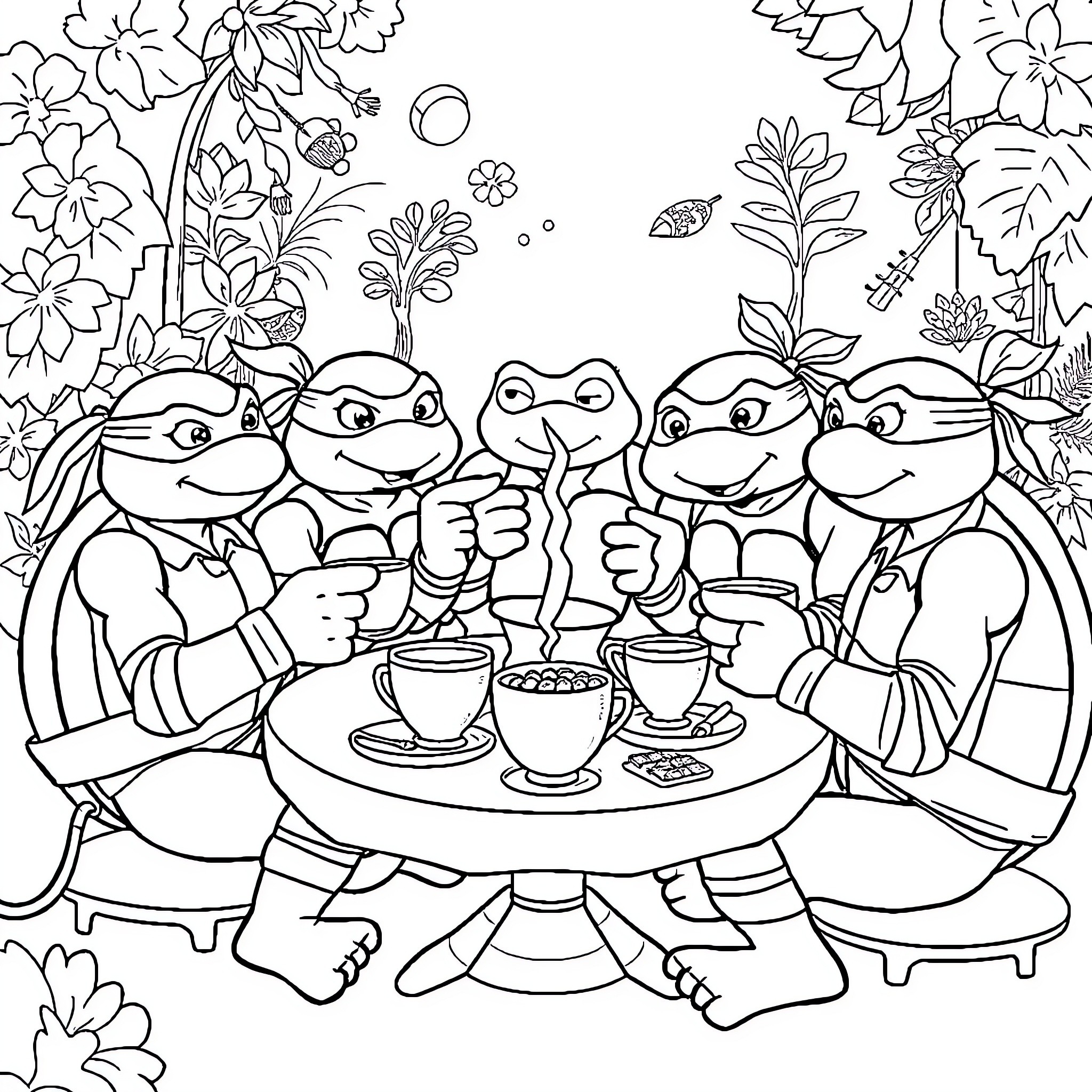 Teenage Mutant Ninja Turtles Enjoying Tea Party in Floral Garden Coloring Page (free black-and-white line drawing printable PDF for all, from beginners to advanced learners, including children, teens, adults, and seniors)