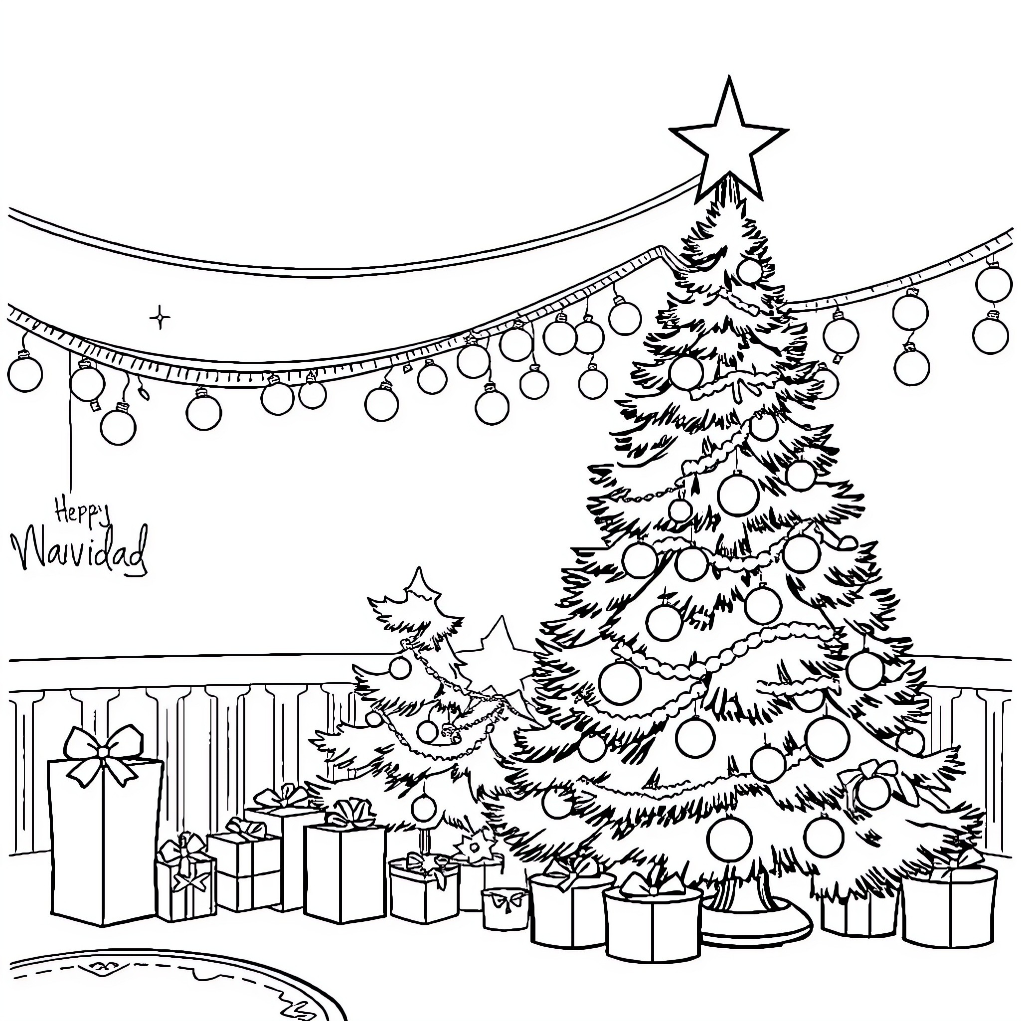 Christmas tree decorated with ornaments and presents Coloring Page (free black-and-white line drawing printable PDF for all, from beginners to advanced learners, including children, teens, adults, and seniors)