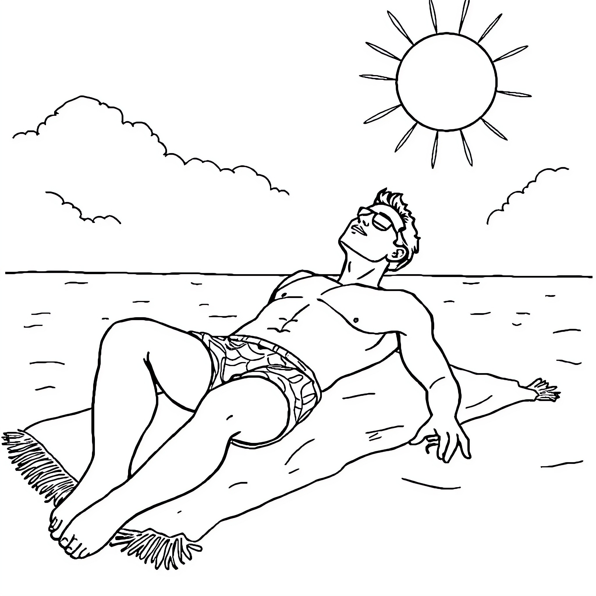Man relaxing on the beach under the sun Coloring Page (free black-and-white line drawing printable PDF for all, from beginners to advanced learners, including children, teens, adults, and seniors)