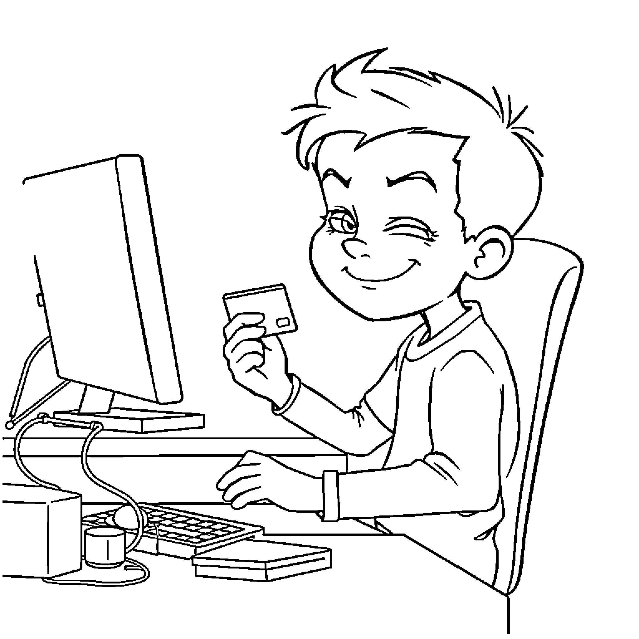 Boy playing video games at computer Coloring Page (free black-and-white line drawing printable PDF for all, from beginners to advanced learners, including children, teens, adults, and seniors)