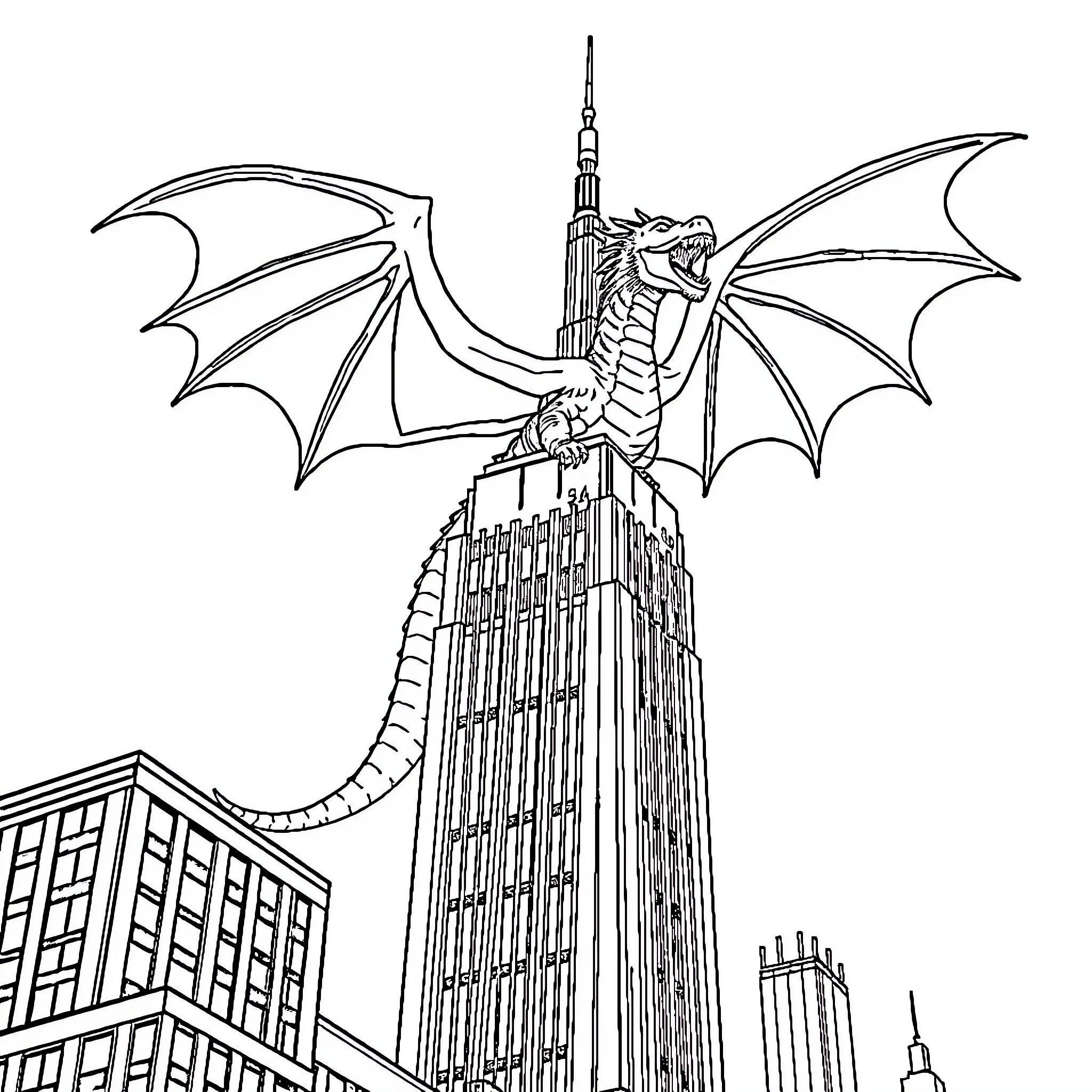 Dragon Soaring over Towering Skyscrapers Coloring Page (free black-and-white line drawing printable PDF for all, from beginners to advanced learners, including children, teens, adults, and seniors)