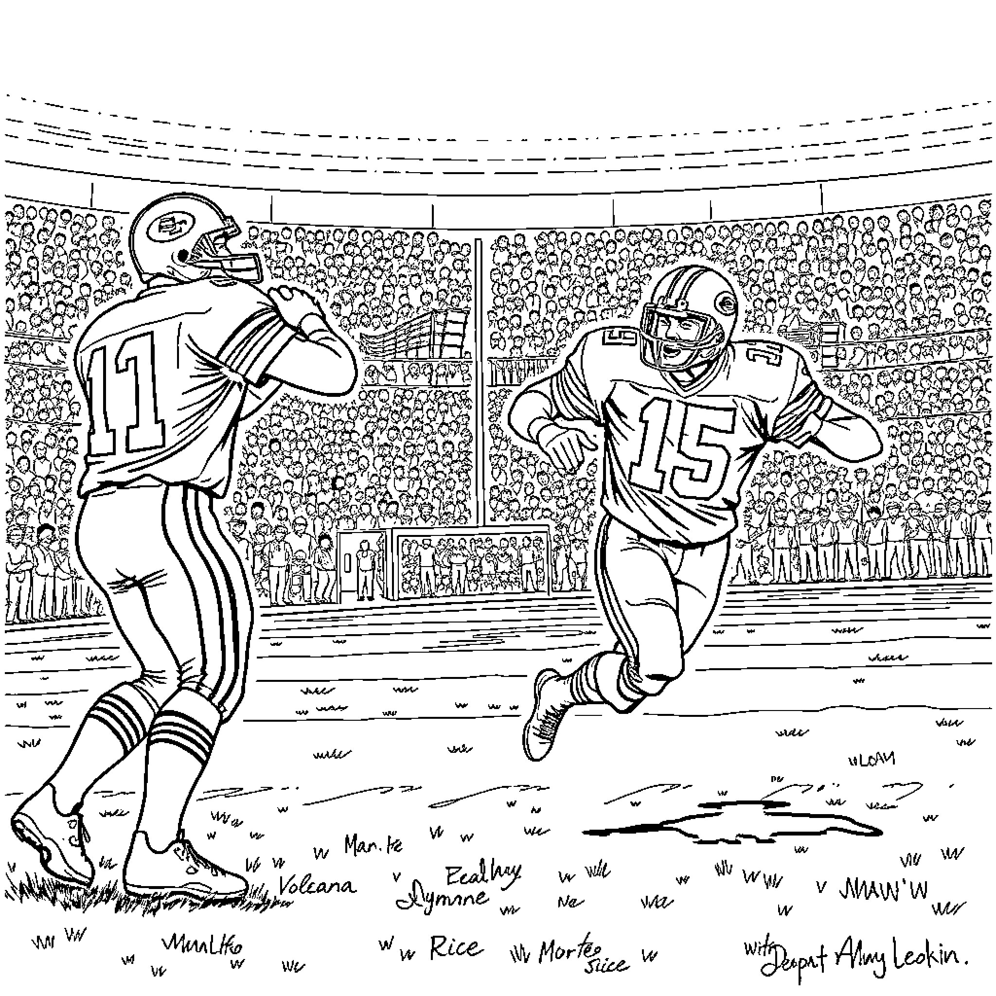 Joe Montana leading offense against defender Coloring Page (free black-and-white line drawing printable PDF for all, from beginners to advanced learners, including children, teens, adults, and seniors)
