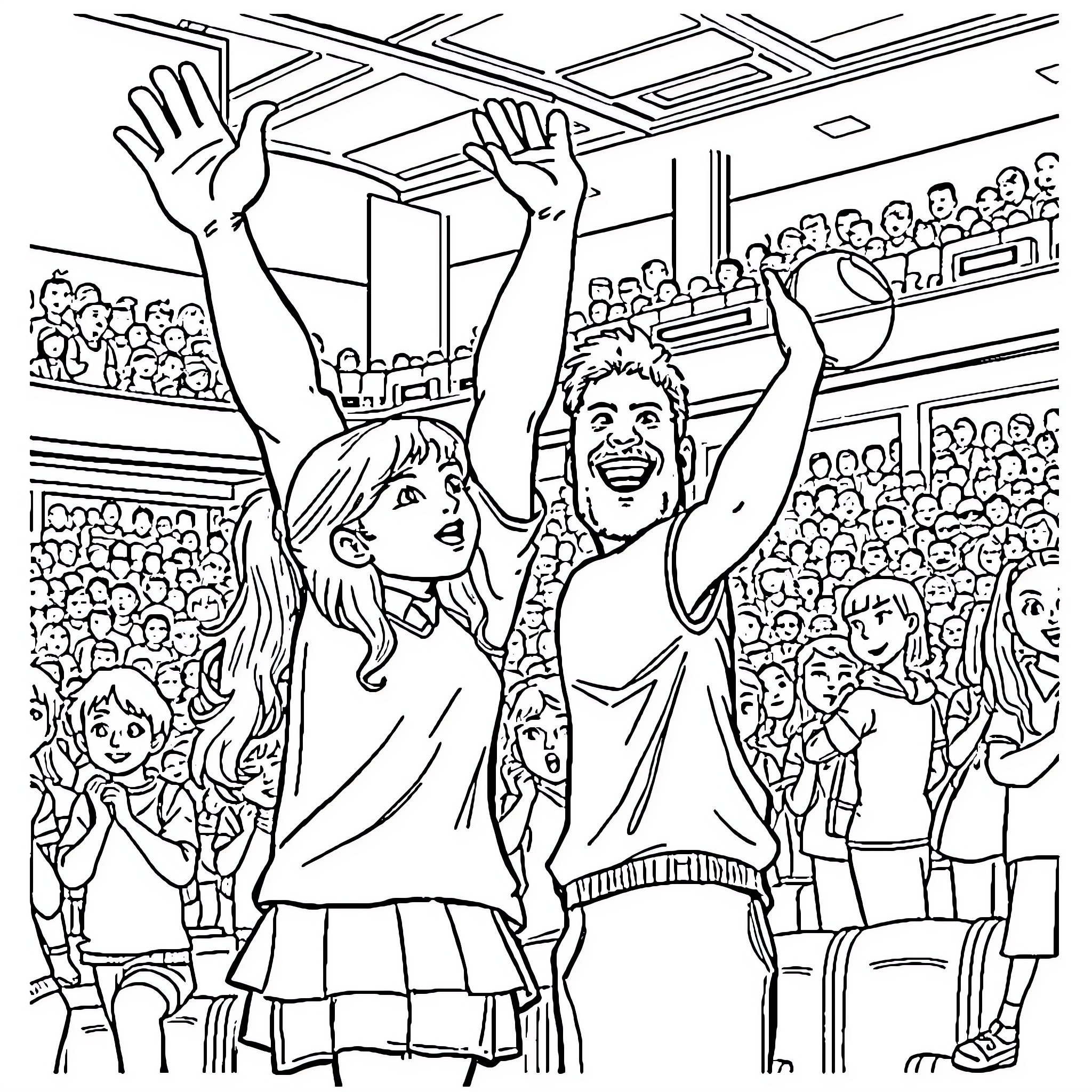 Father and Daughter Celebrating Together in a Crowd Coloring Page (free black-and-white line drawing printable PDF for all, from beginners to advanced learners, including children, teens, adults, and seniors)