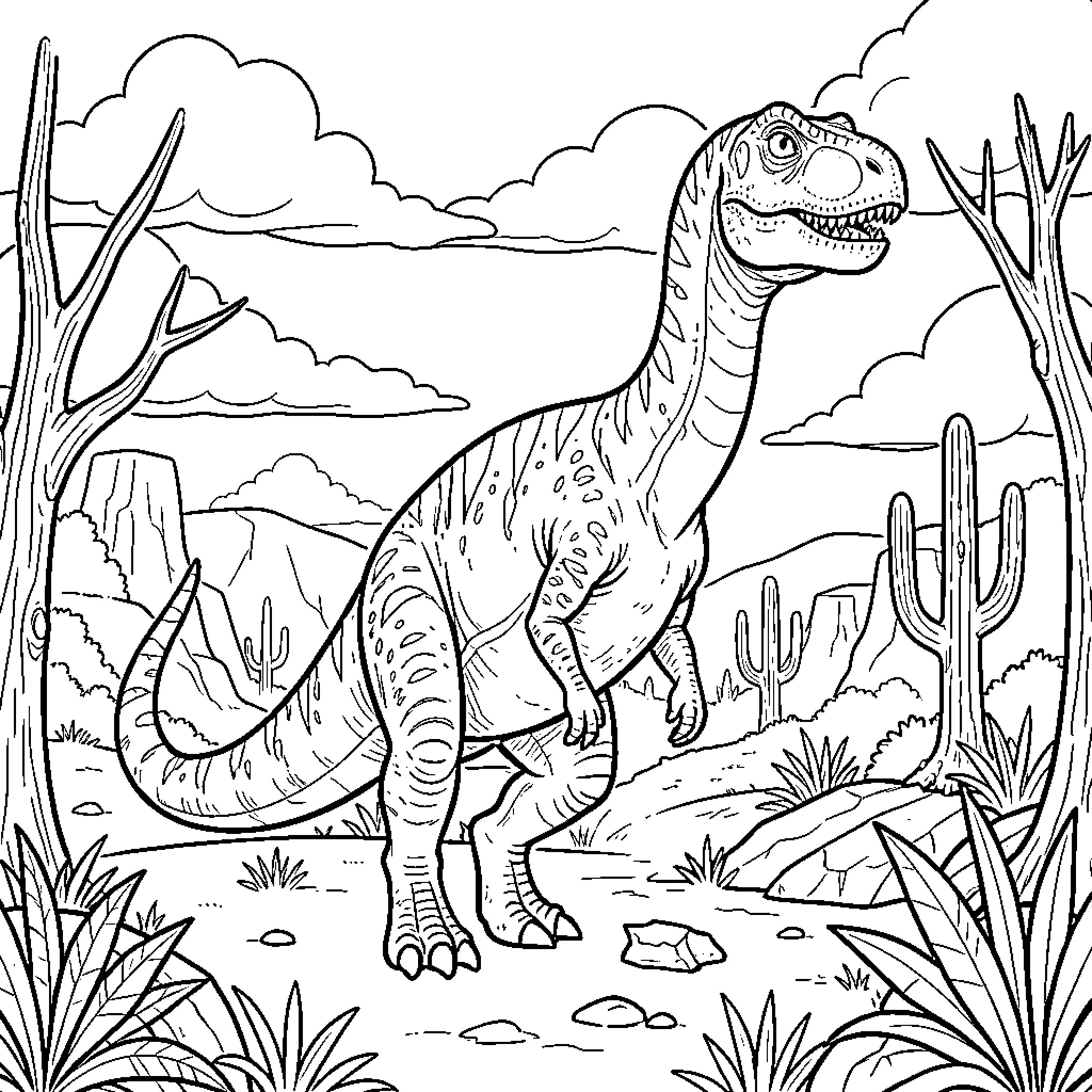 Dinosaur walking through a prehistoric desert landscape Coloring Page (free black-and-white line drawing printable PDF for all, from beginners to advanced learners, including children, teens, adults, and seniors)