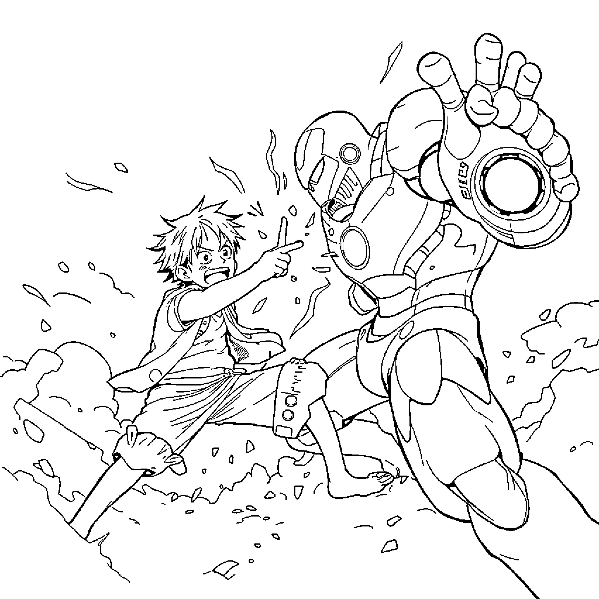 Luffy's Heroic Clash with a Formidable Foe Coloring Page (free black-and-white line drawing printable PDF for all, from beginners to advanced learners, including children, teens, adults, and seniors)