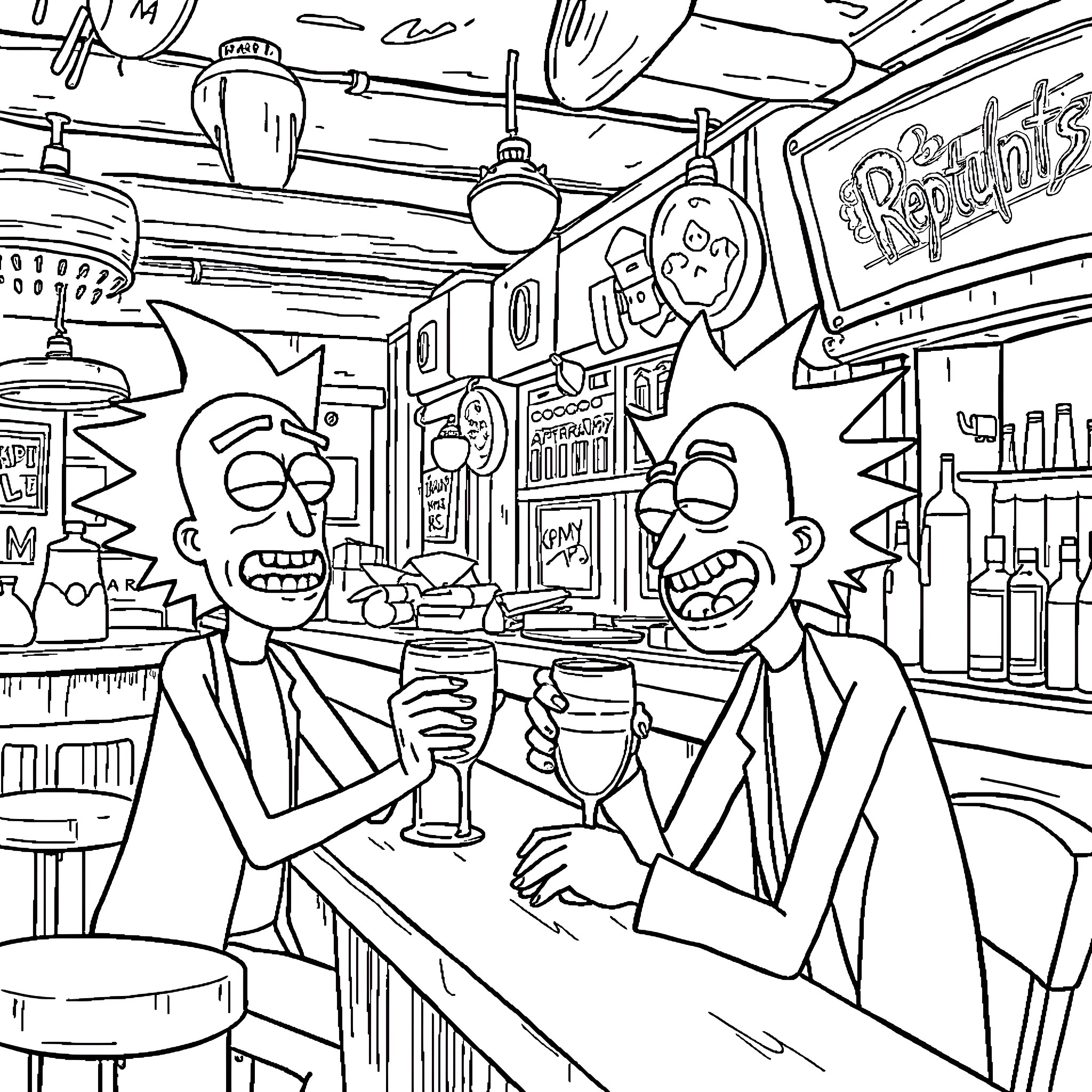 Rick and Morty's Animated Adventure in a Quirky Tavern Coloring Page (free black-and-white line drawing printable PDF for all, from beginners to advanced learners, including children, teens, adults, and seniors)