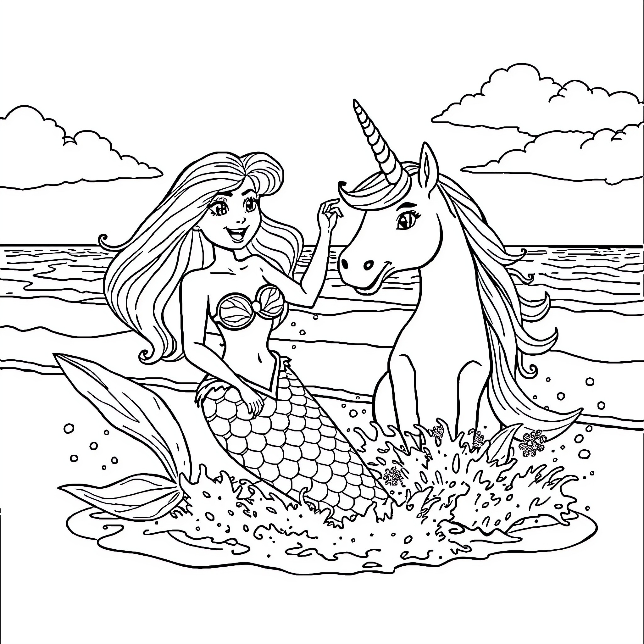 Mermaid and Unicorn Enjoying a Magical Ocean Scene Coloring Page (free black-and-white line drawing printable PDF for all, from beginners to advanced learners, including children, teens, adults, and seniors)