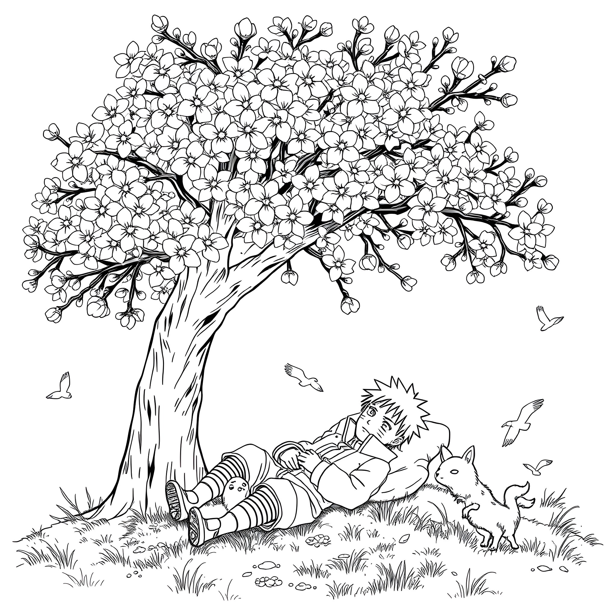 Naruto resting peacefully under blooming tree Coloring Page (free black-and-white line drawing printable PDF for all, from beginners to advanced learners, including children, teens, adults, and seniors)