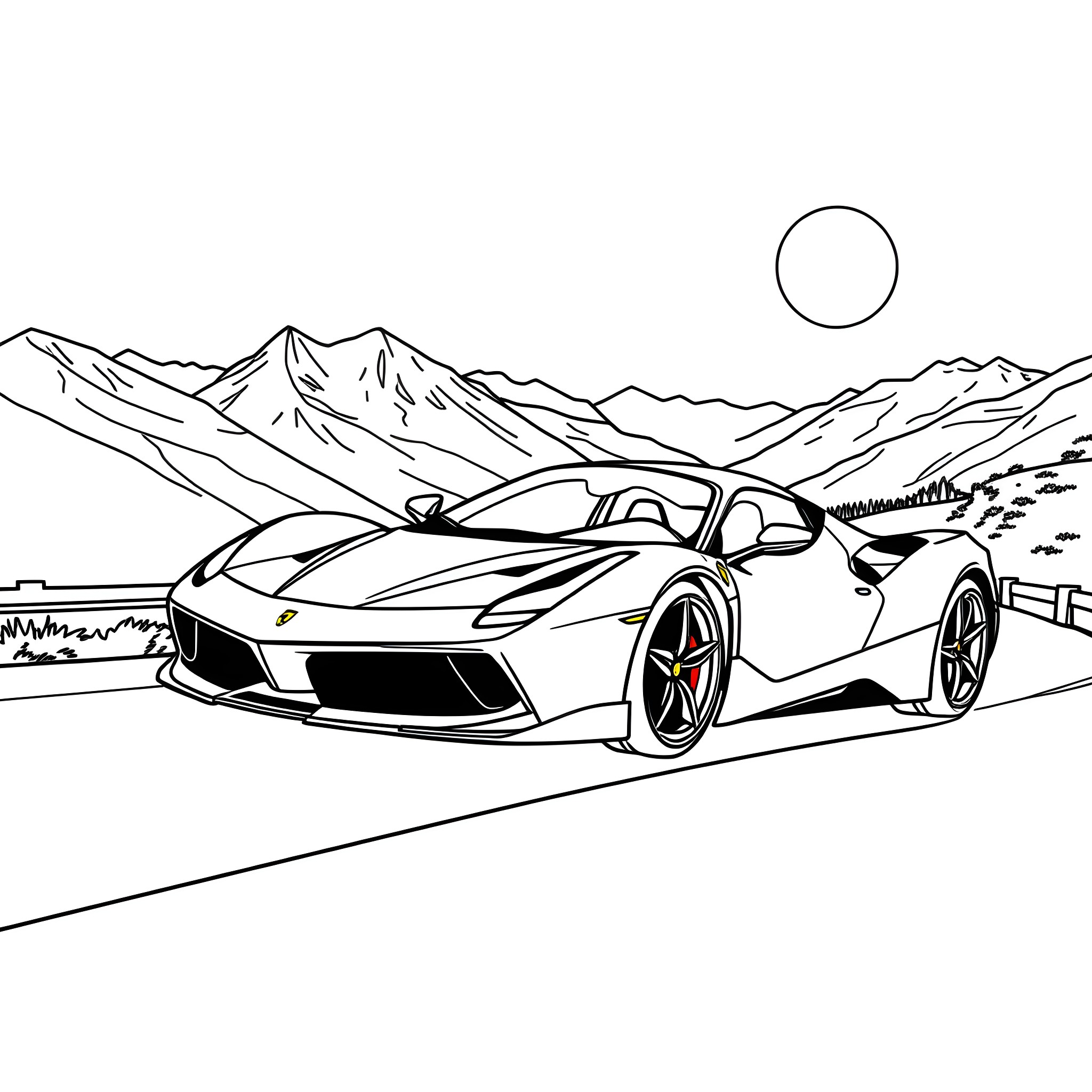Ferrari Supercar Racing Through Mountain Scenery Coloring Page (free black-and-white line drawing printable PDF for all, from beginners to advanced learners, including children, teens, adults, and seniors)