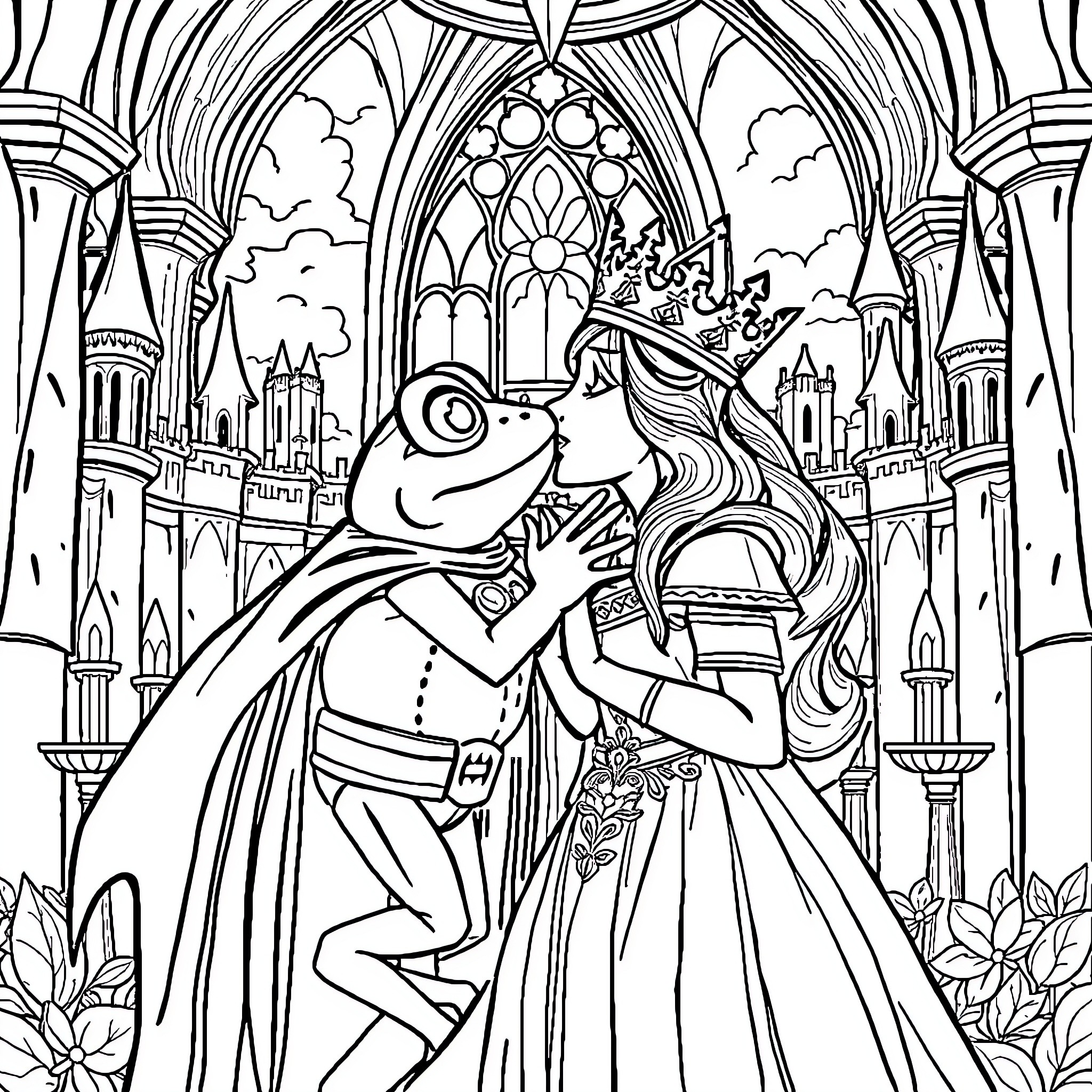 Frog Prince Embracing Enchanted Princess in Ornate Castle Coloring Page (free black-and-white line drawing printable PDF for all, from beginners to advanced learners, including children, teens, adults, and seniors)