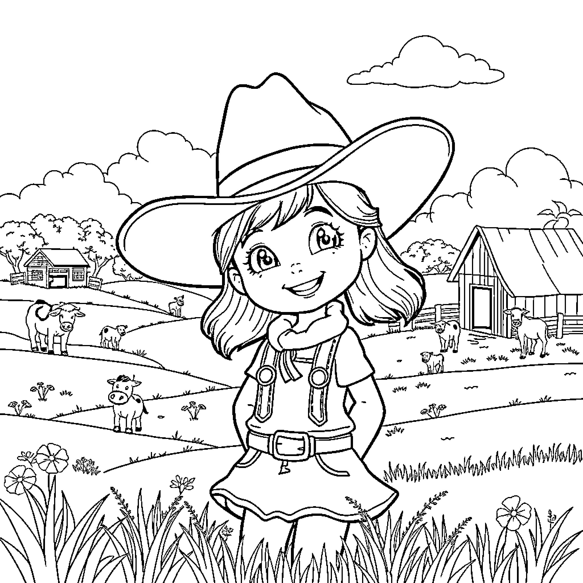 Lilo exploring the countryside in her cowgirl outfit Coloring Page (free black-and-white line drawing printable PDF for all, from beginners to advanced learners, including children, teens, adults, and seniors)