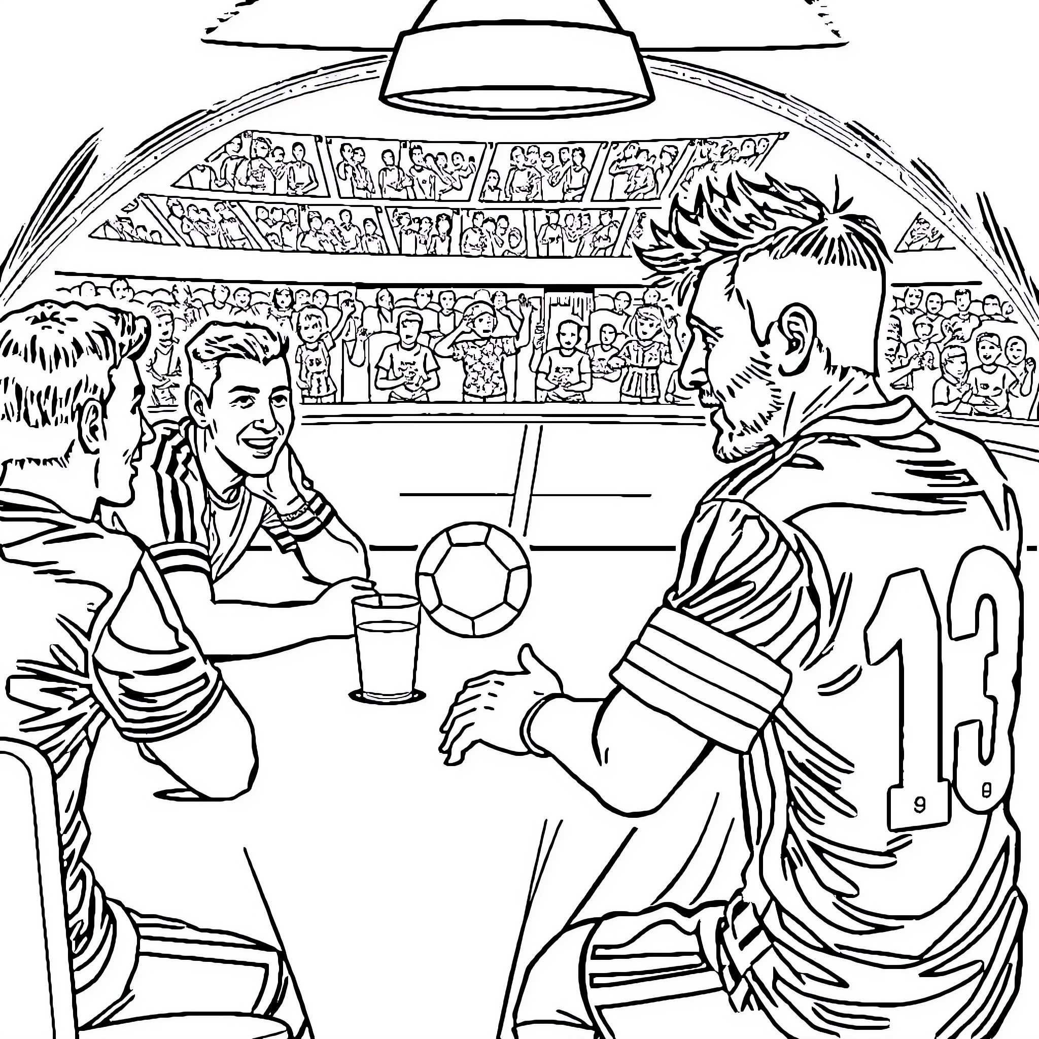 Lionel Messi interacting with fans in a stadium Coloring Page (free black-and-white line drawing printable PDF for all, from beginners to advanced learners, including children, teens, adults, and seniors)