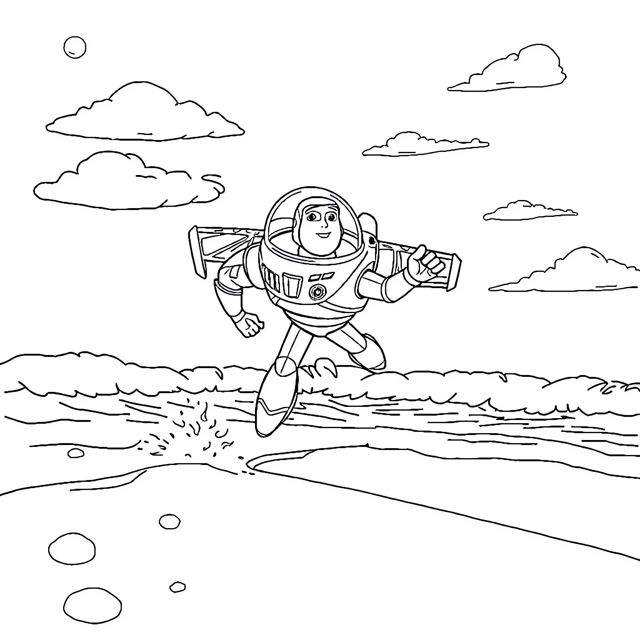 Buzz Lightyear Soars Through the Clouds Coloring Page (free black-and-white line drawing printable PDF for all, from beginners to advanced learners, including children, teens, adults, and seniors)