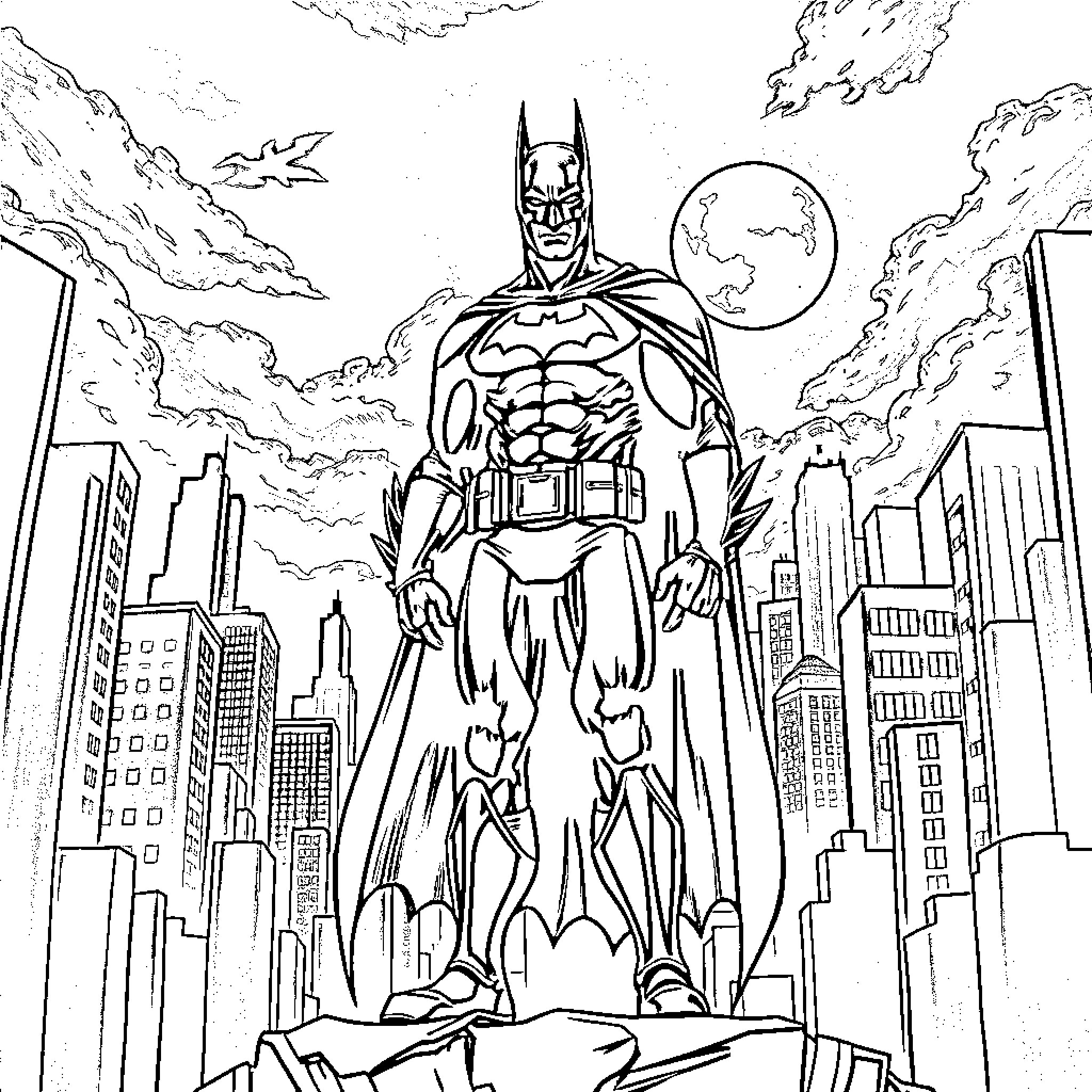 Batman heroically stands against the city skyline Coloring Page (free black-and-white line drawing printable PDF for all, from beginners to advanced learners, including children, teens, adults, and seniors)