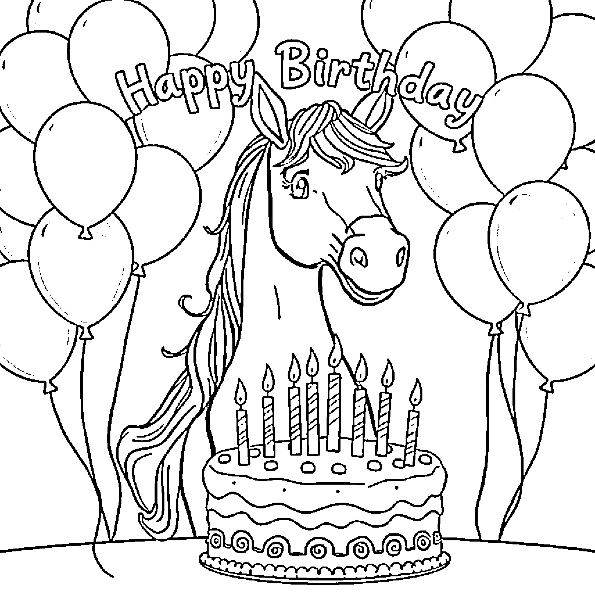 Horse celebrating a birthday party with balloons Coloring Page (free black-and-white line drawing printable PDF for all, from beginners to advanced learners, including children, teens, adults, and seniors)