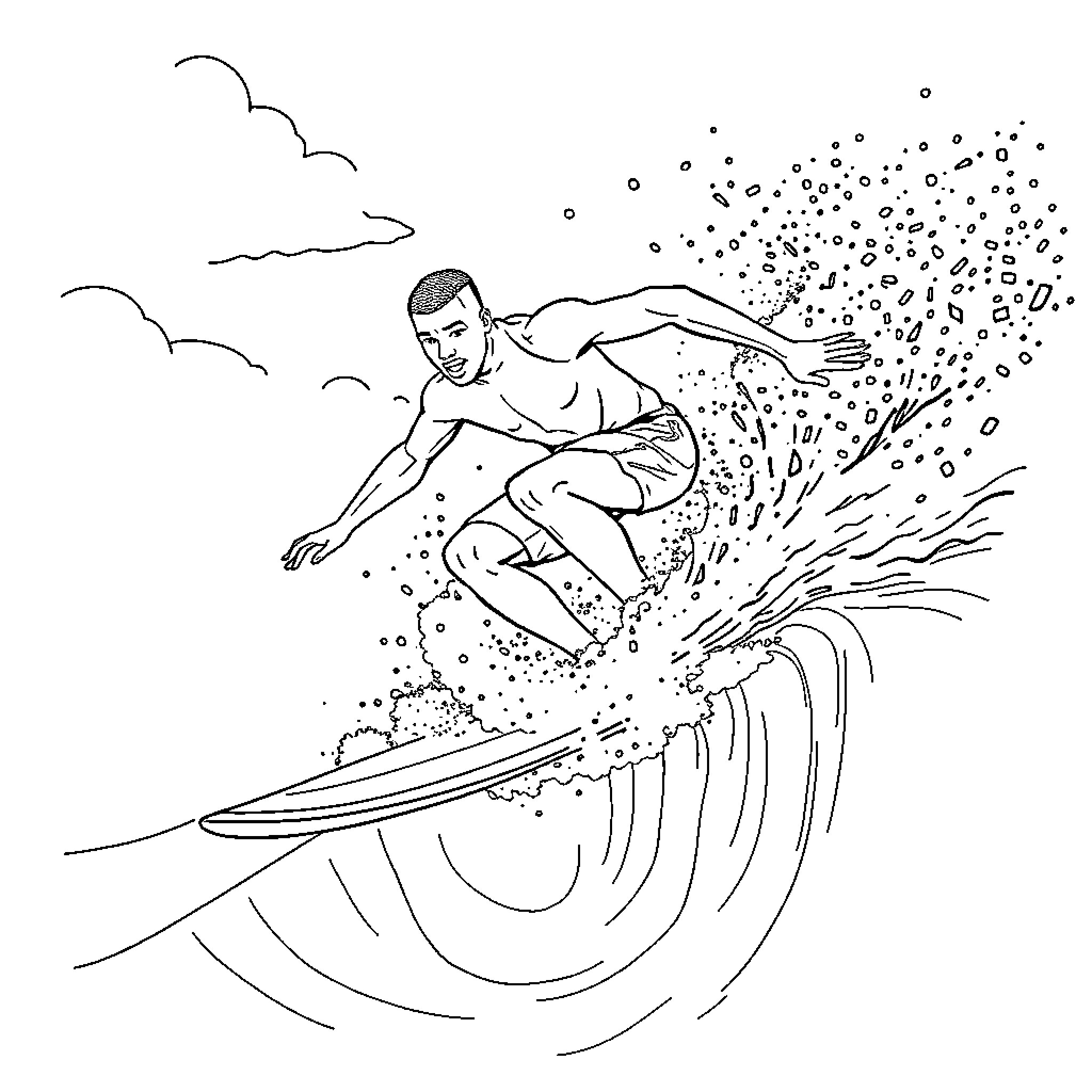 Mbappe surfing the waves with passion Coloring Page (free black-and-white line drawing printable PDF for all, from beginners to advanced learners, including children, teens, adults, and seniors)