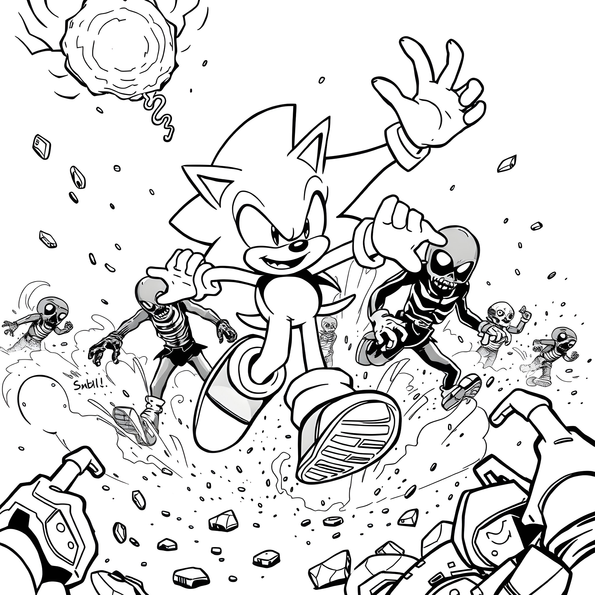 Sonic the Hedgehog in an action-packed scene Coloring Page (free black-and-white line drawing printable PDF for all, from beginners to advanced learners, including children, teens, adults, and seniors)