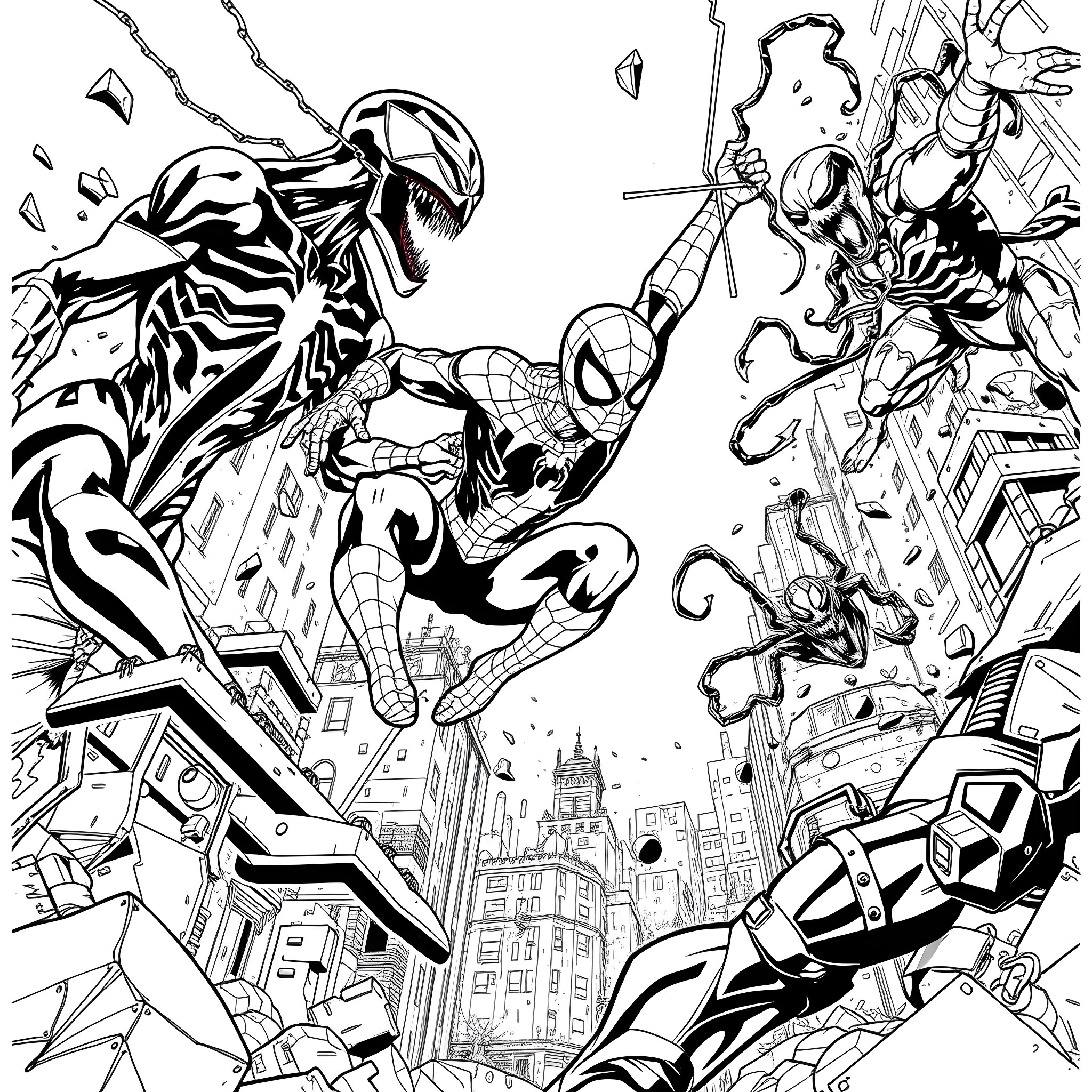 Spiderman swinging through the city in action Coloring Page (free black-and-white line drawing printable PDF for all, from beginners to advanced learners, including children, teens, adults, and seniors)