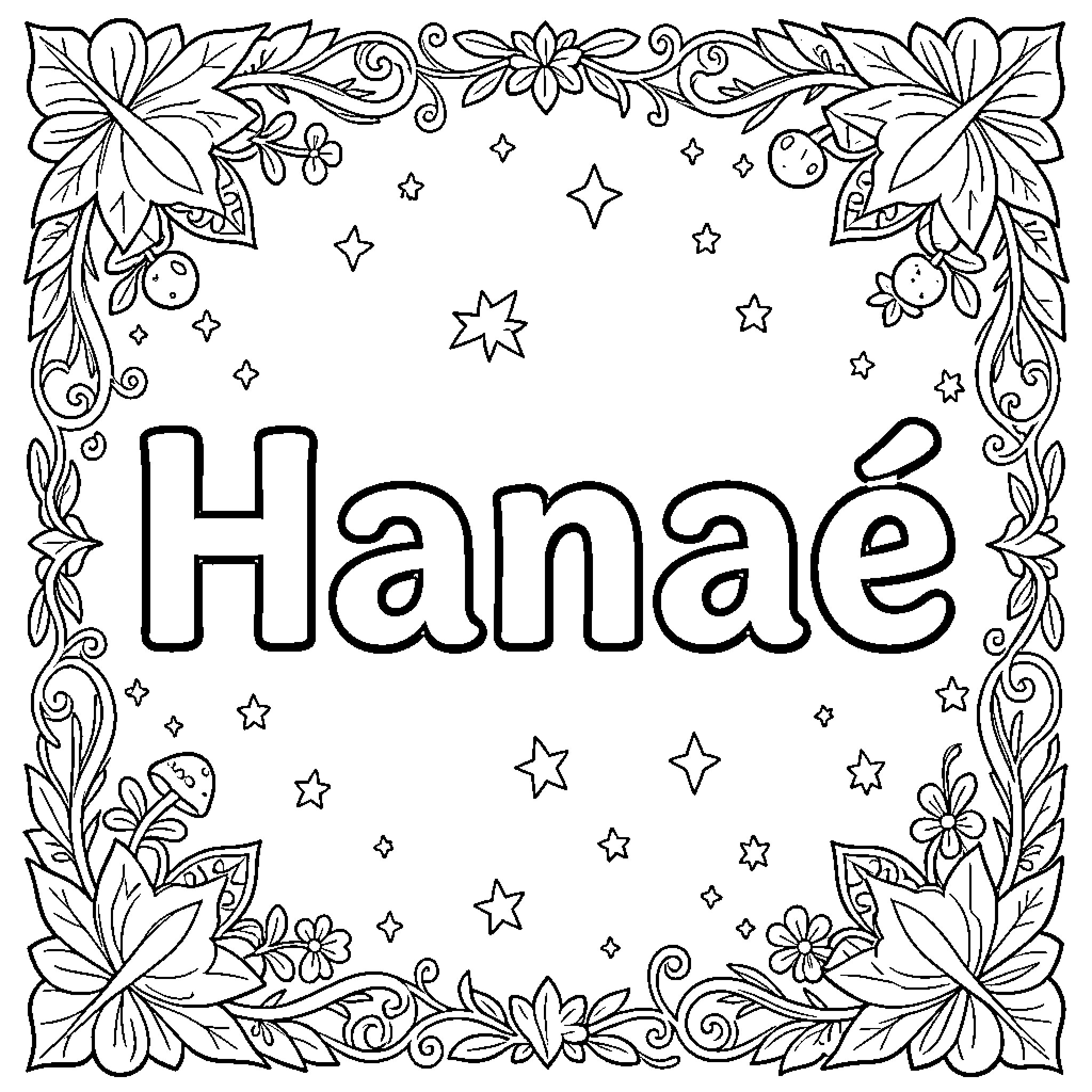 Hanaë surrounded by a decorative floral and star border Coloring Page (free black-and-white line drawing printable PDF for all, from beginners to advanced learners, including children, teens, adults, and seniors)
