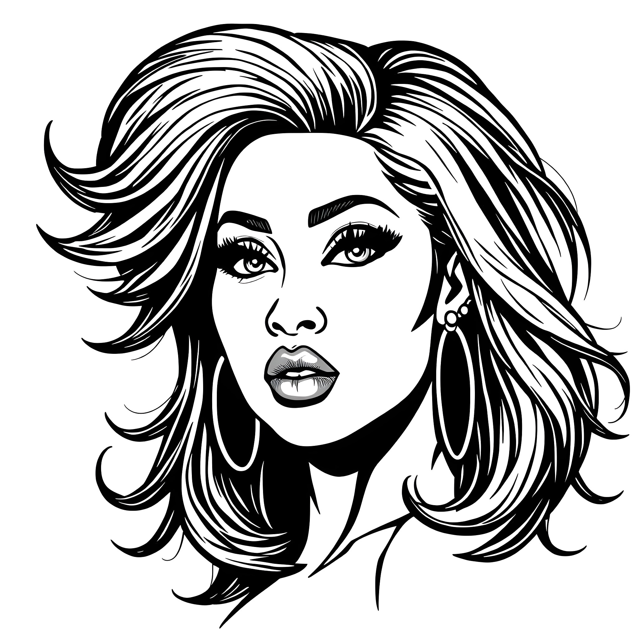 Nicki Minaj's Fierce Artistic Portrait Coloring Page (free black-and-white line drawing printable PDF for all, from beginners to advanced learners, including children, teens, adults, and seniors)