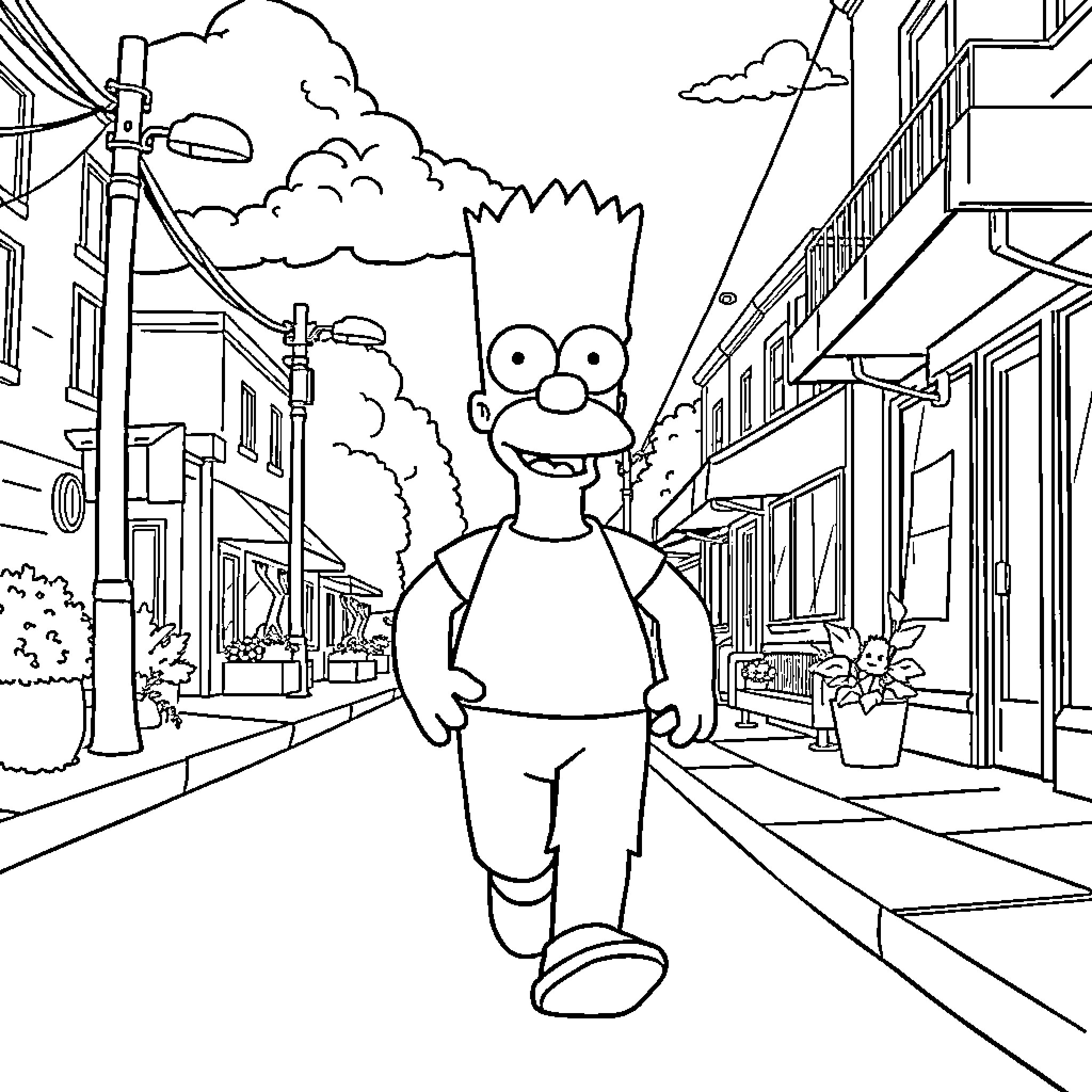 Bard walking on a city street Coloring Page (free black-and-white line drawing printable PDF for all, from beginners to advanced learners, including children, teens, adults, and seniors)