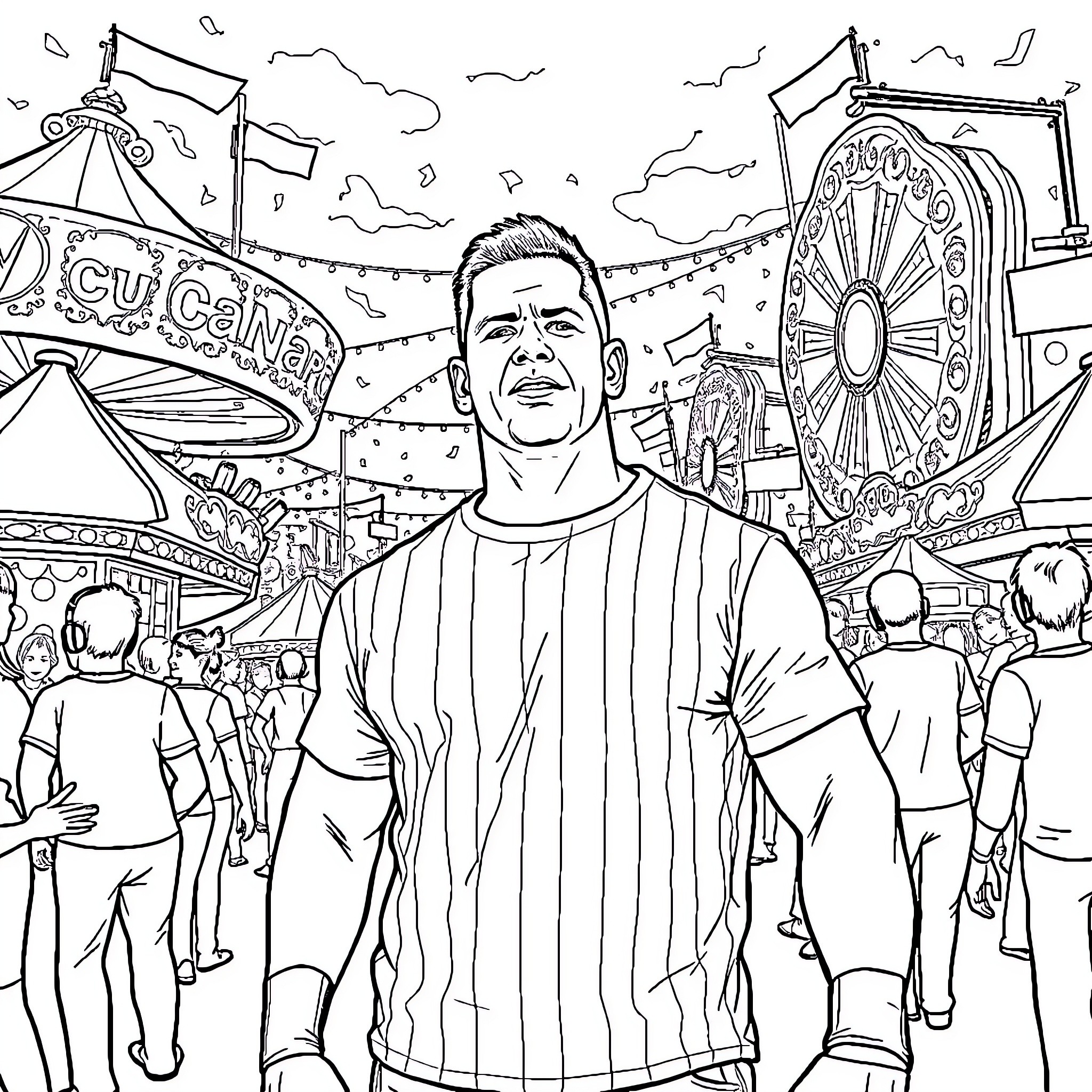 John Cena at the Carnival with Colorful Attractions Coloring Page (free black-and-white line drawing printable PDF for all, from beginners to advanced learners, including children, teens, adults, and seniors)