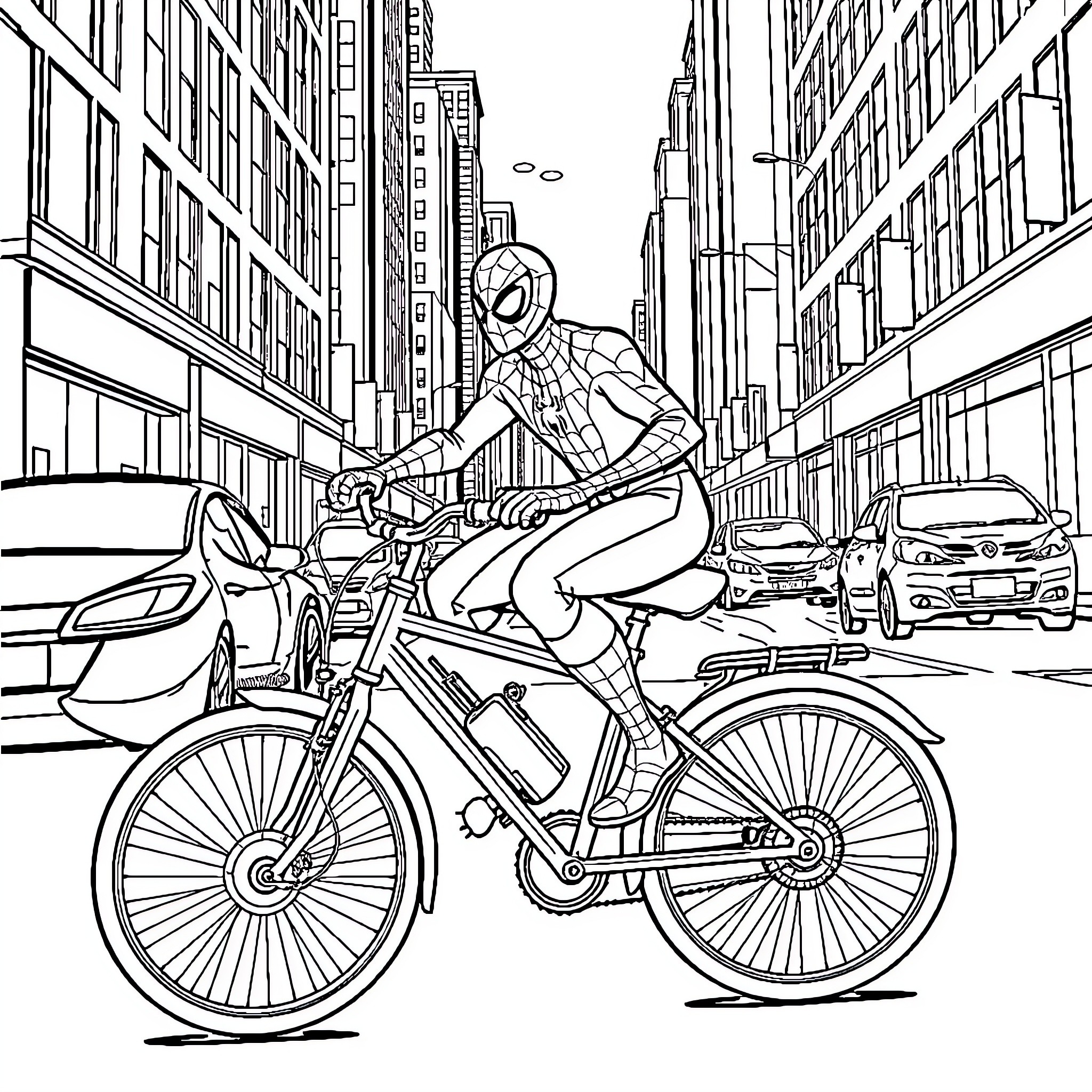 Spiderman riding a bicycle through the city Coloring Page (free black-and-white line drawing printable PDF for all, from beginners to advanced learners, including children, teens, adults, and seniors)
