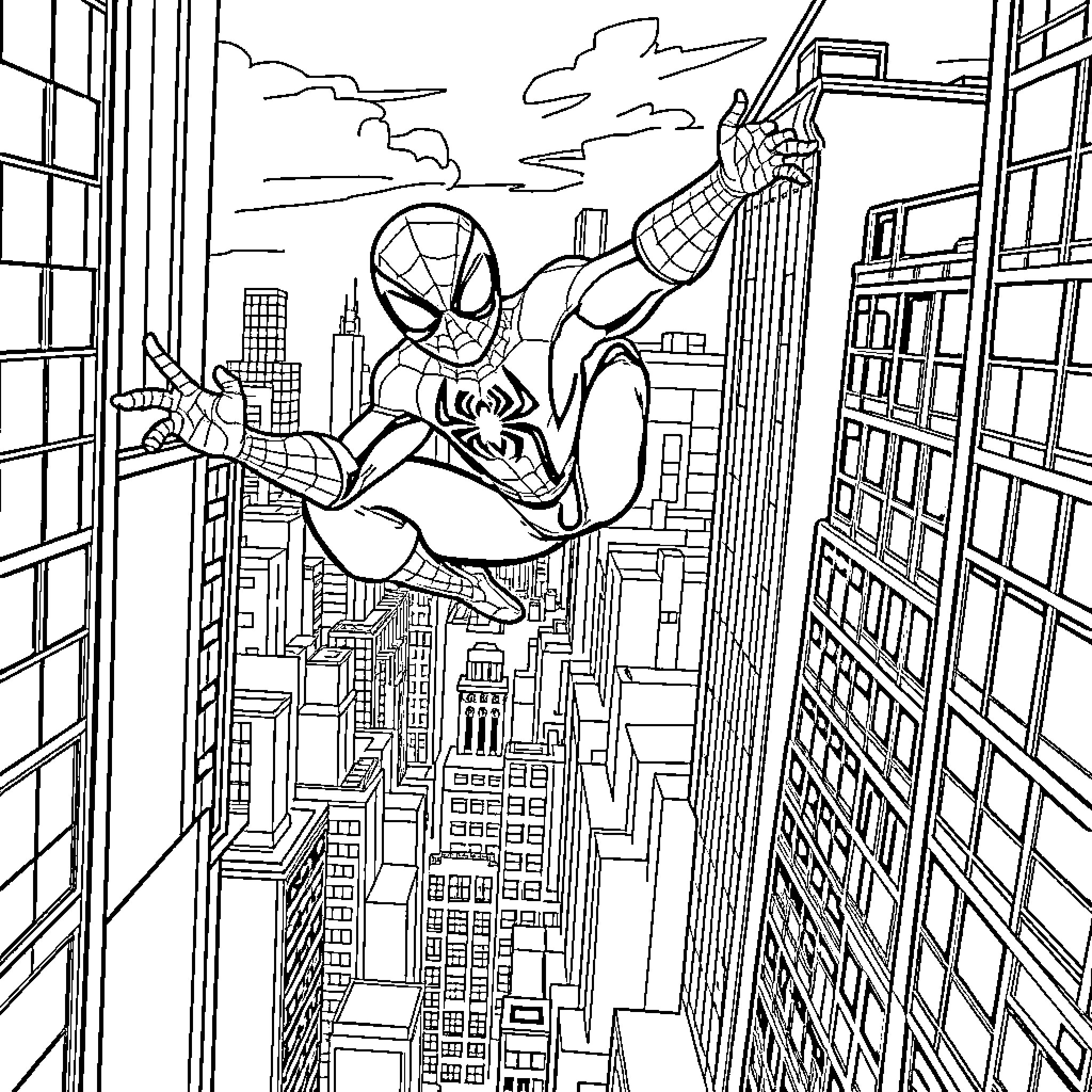 Spiderman swinging through the city Coloring Page (free black-and-white line drawing printable PDF for all, from beginners to advanced learners, including children, teens, adults, and seniors)