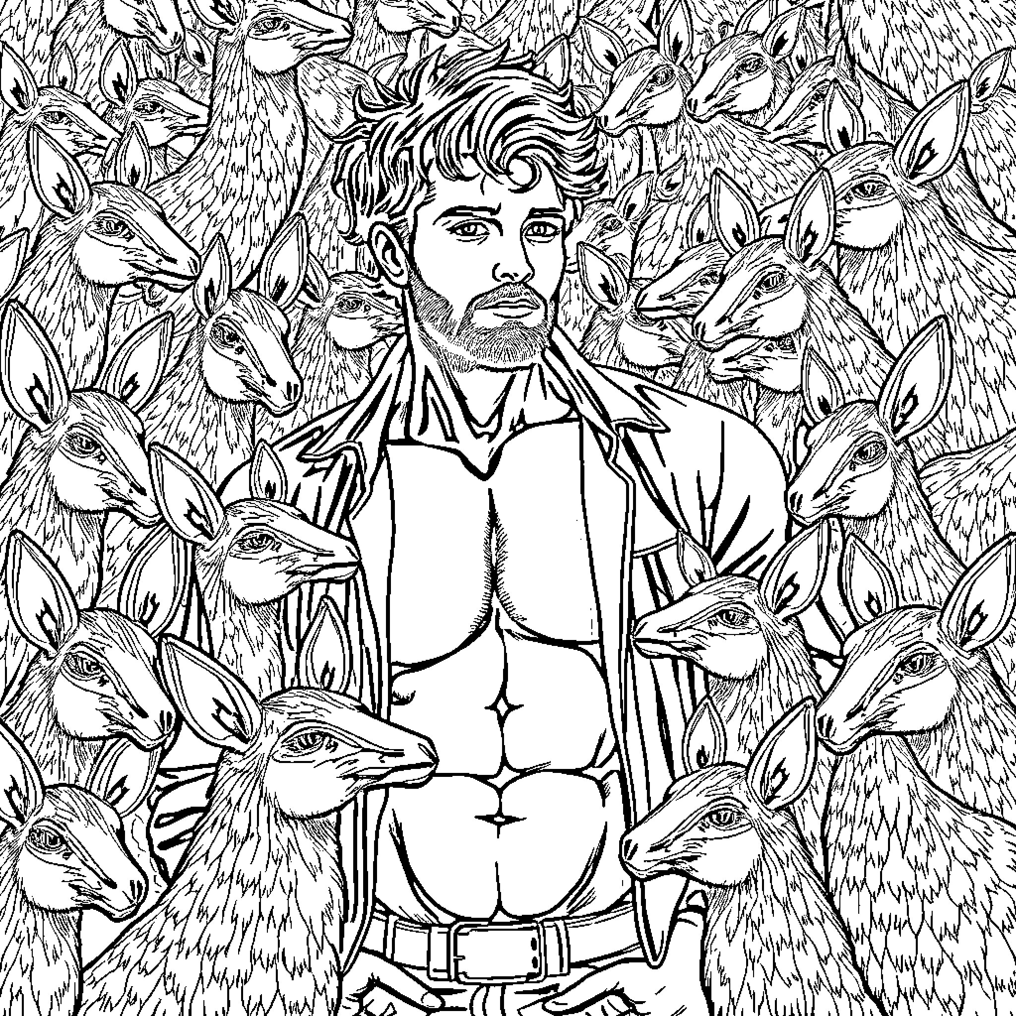 Max surrounded by curious rabbits in a lush forest Coloring Page (free black-and-white line drawing printable PDF for all, from beginners to advanced learners, including children, teens, adults, and seniors)