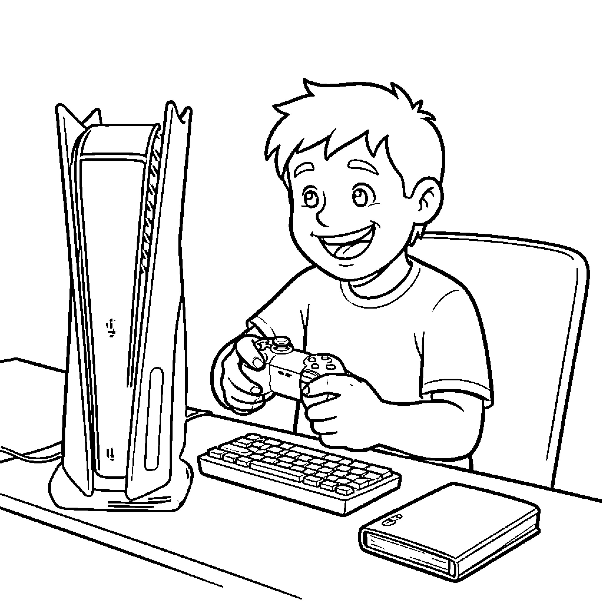 Gamer Enjoying Console Gaming with Enthusiasm Coloring Page (free black-and-white line drawing printable PDF for all, from beginners to advanced learners, including children, teens, adults, and seniors)