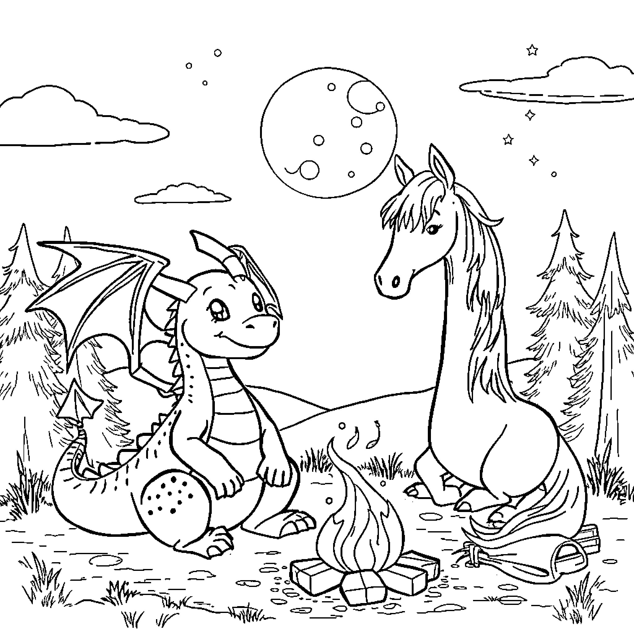 Dragon and Unicorn Sharing a Campfire in the Moonlit Forest Coloring Page (free black-and-white line drawing printable PDF for all, from beginners to advanced learners, including children, teens, adults, and seniors)
