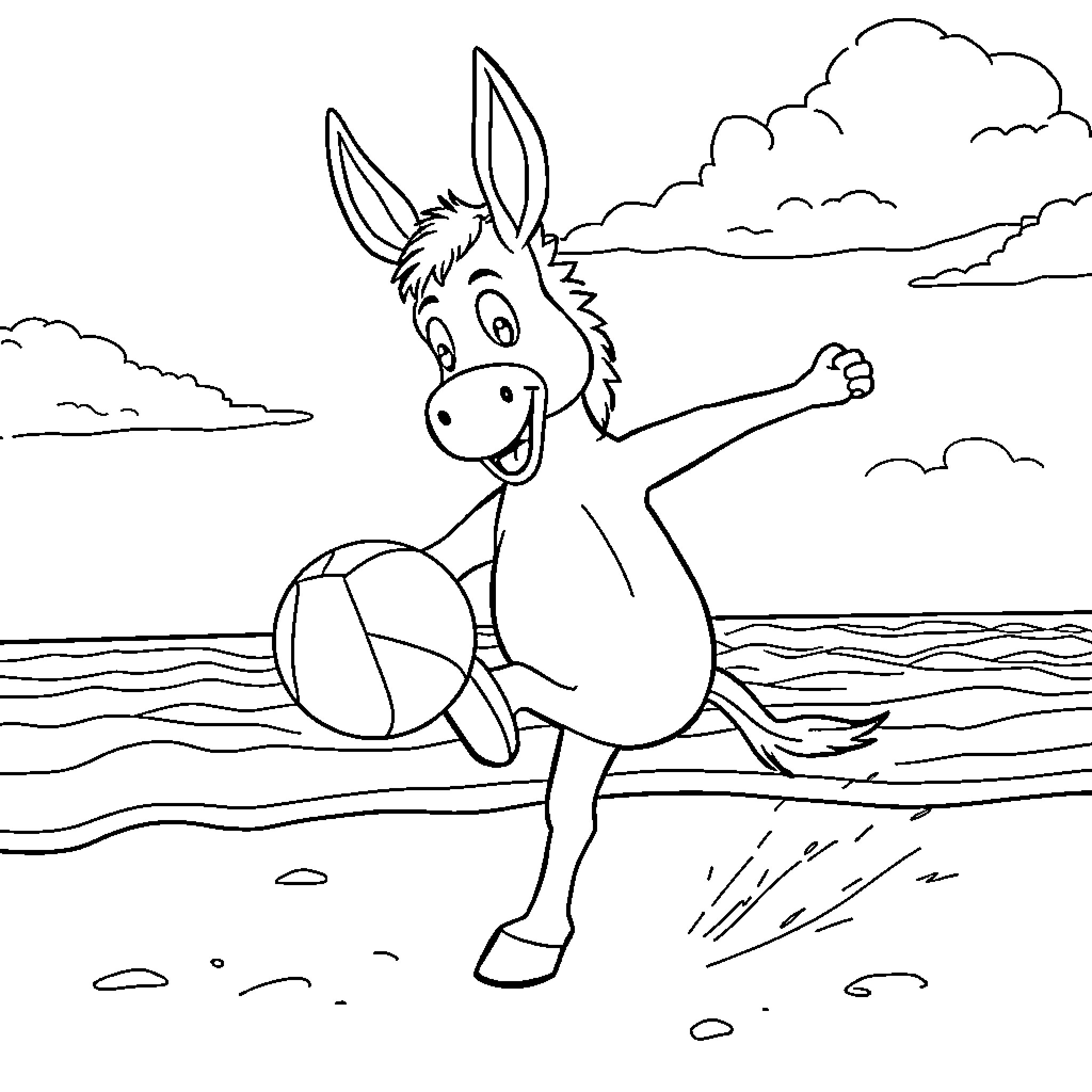 Donkey playing joyfully with beach ball by the ocean Coloring Page (free black-and-white line drawing printable PDF for all, from beginners to advanced learners, including children, teens, adults, and seniors)