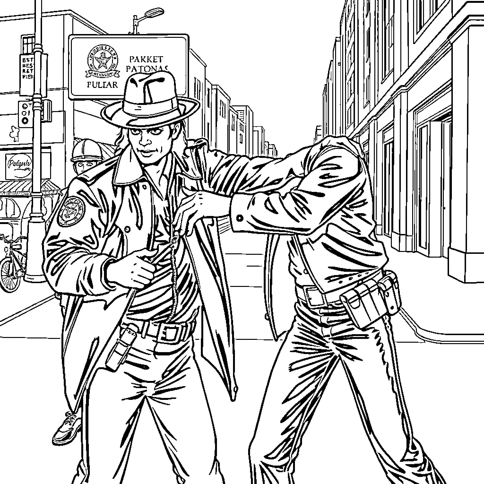Michael Jackson as a Tough Cowboy in the City Coloring Page (free black-and-white line drawing printable PDF for all, from beginners to advanced learners, including children, teens, adults, and seniors)