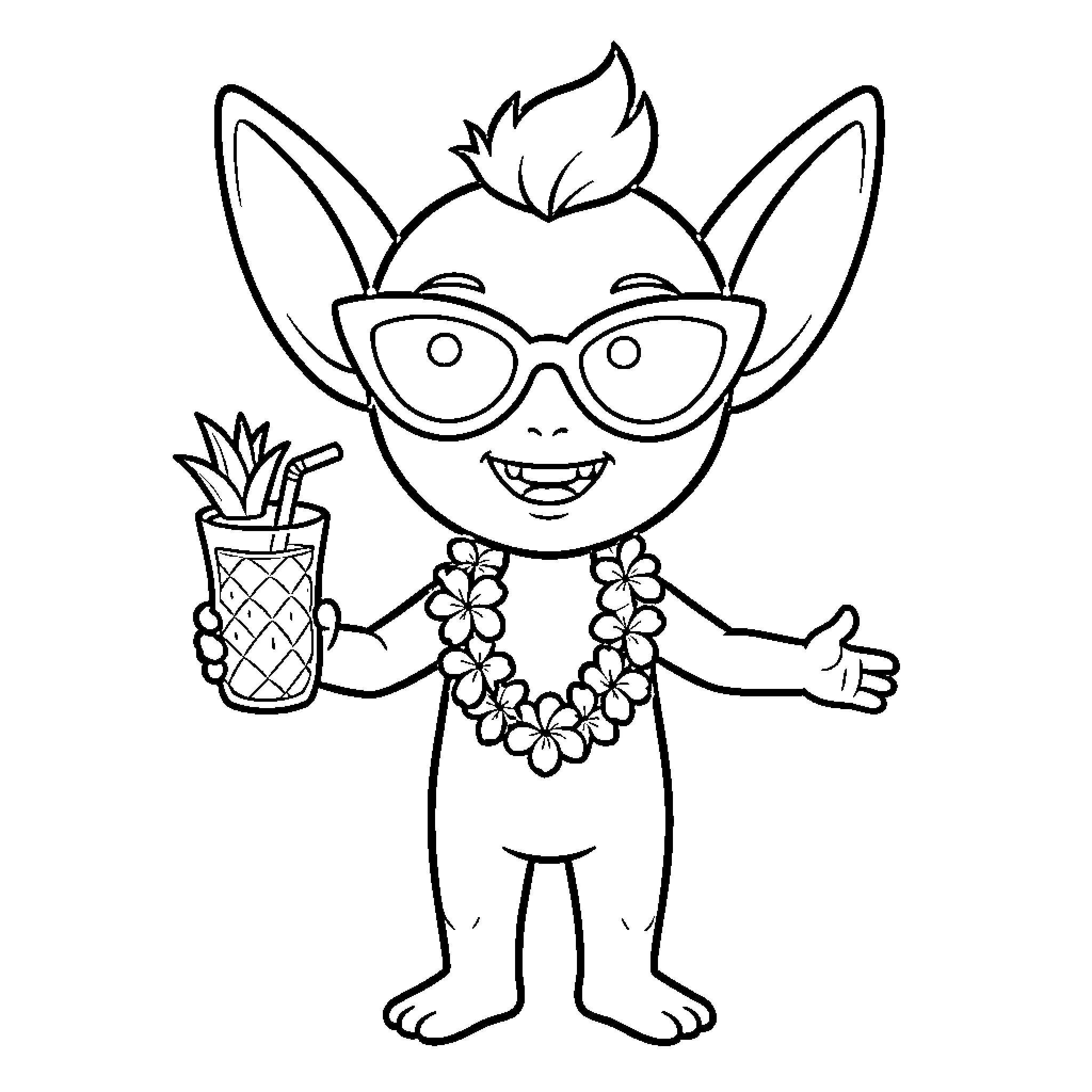 Alien wearing sunglasses and a flower lei holding a drink Coloring Page (free black-and-white line drawing printable PDF for all, from beginners to advanced learners, including children, teens, adults, and seniors)