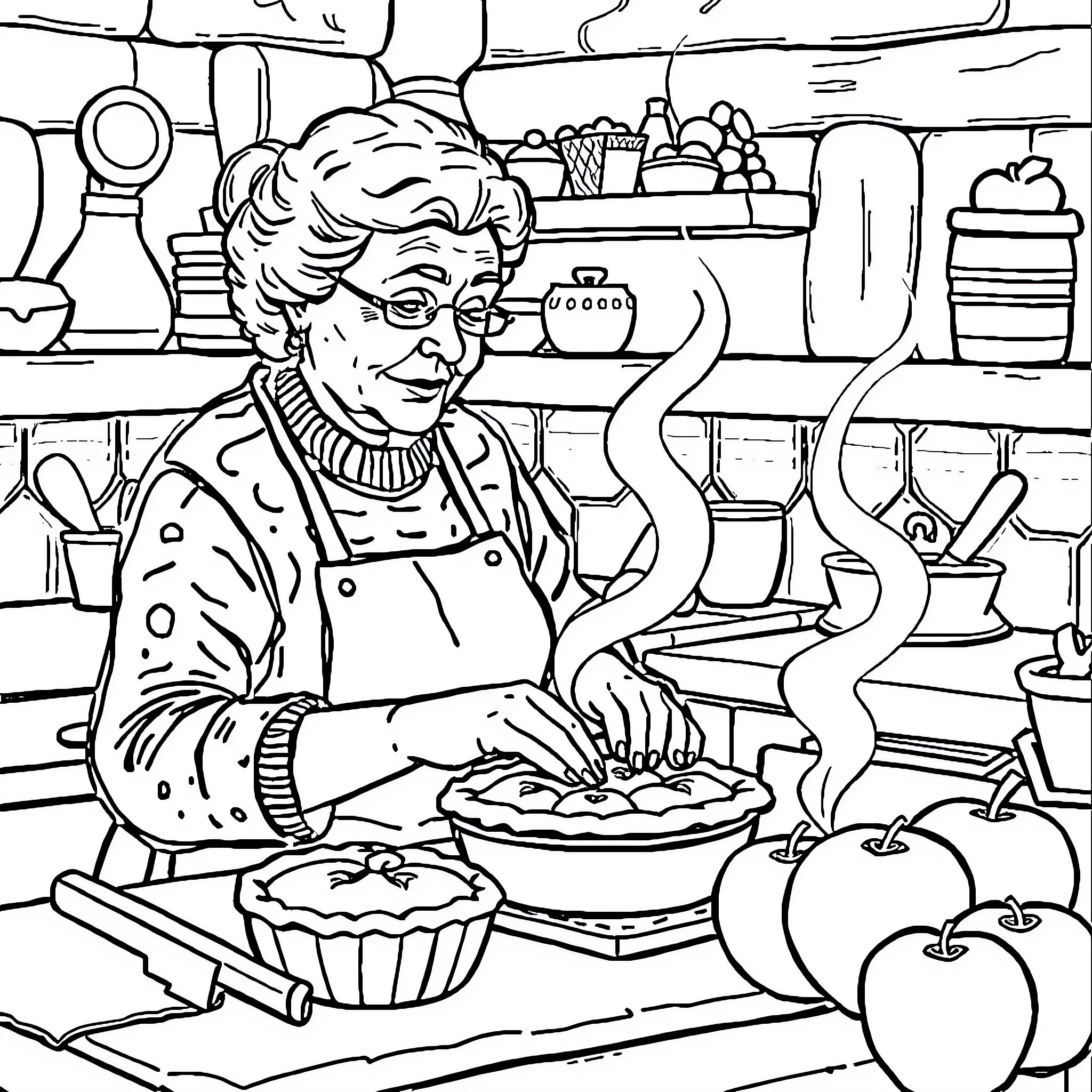 Grandma Baking Delicious Treats in the Kitchen Coloring Page (free black-and-white line drawing printable PDF for all, from beginners to advanced learners, including children, teens, adults, and seniors)
