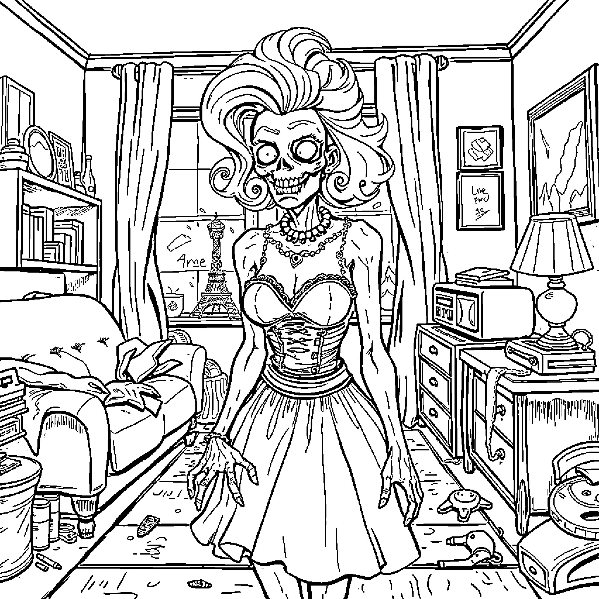 Zombie Woman in Glamorous Attire in Messy Room Coloring Page (free black-and-white line drawing printable PDF for all, from beginners to advanced learners, including children, teens, adults, and seniors)