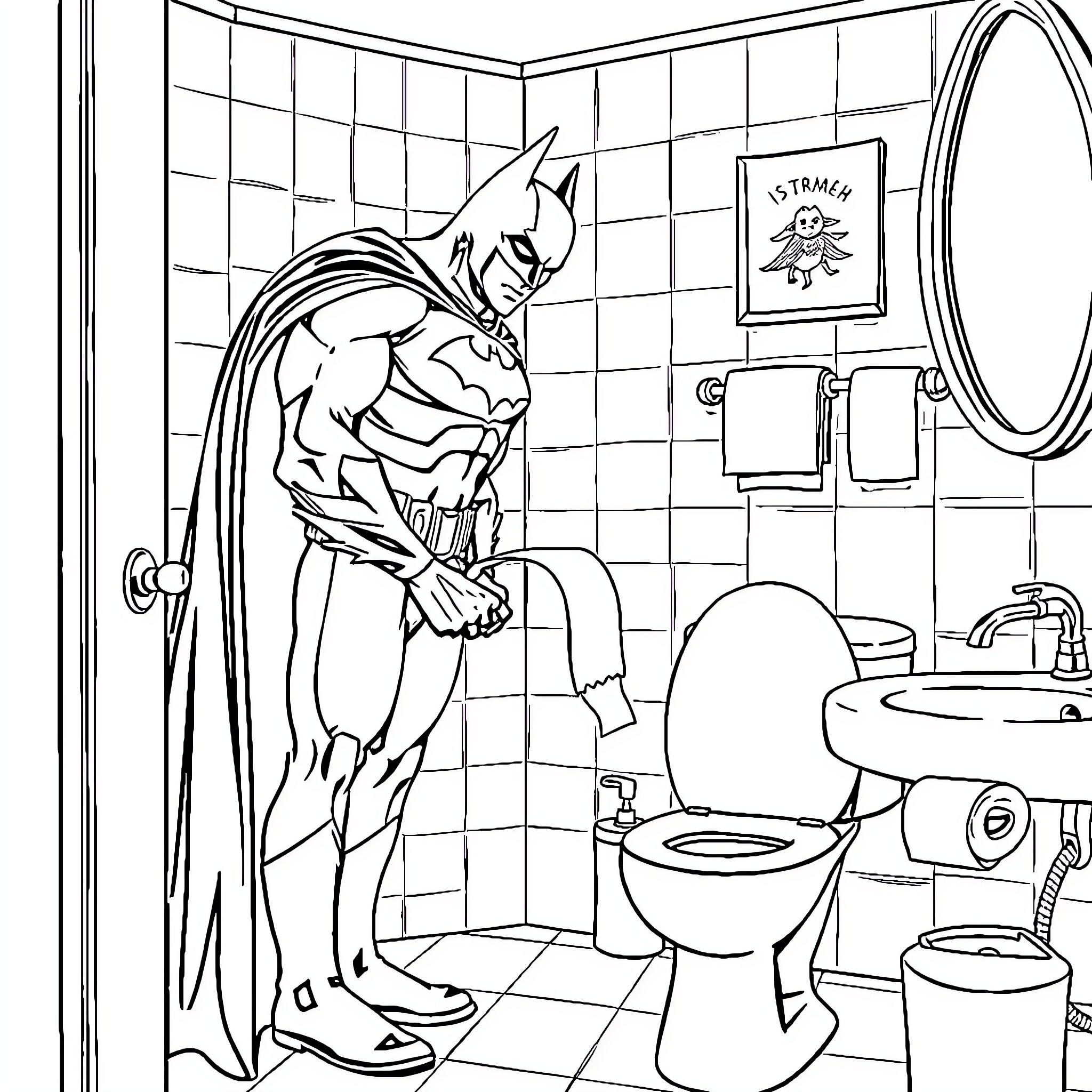 Batman in the Bathroom: A Superhero's Unexpected Encounter Coloring Page (free black-and-white line drawing printable PDF for all, from beginners to advanced learners, including children, teens, adults, and seniors)