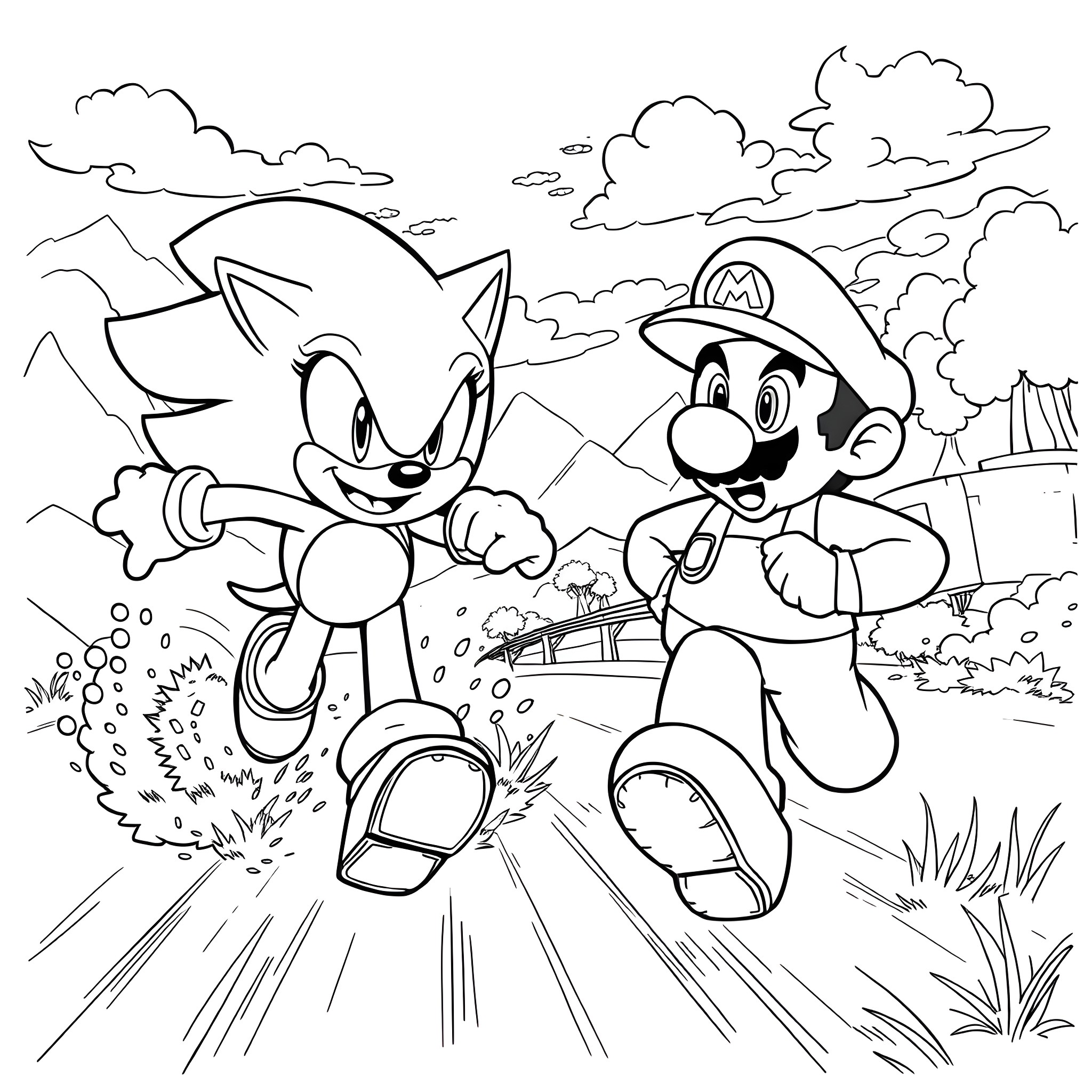 Sonic and Mario racing in the outdoors Coloring Page (free black-and-white line drawing printable PDF for all, from beginners to advanced learners, including children, teens, adults, and seniors)