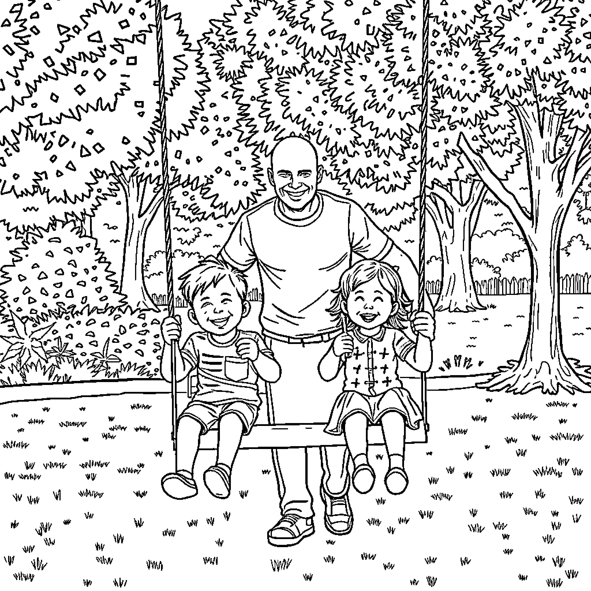 Father spending time with children on a swing Coloring Page (free black-and-white line drawing printable PDF for all, from beginners to advanced learners, including children, teens, adults, and seniors)