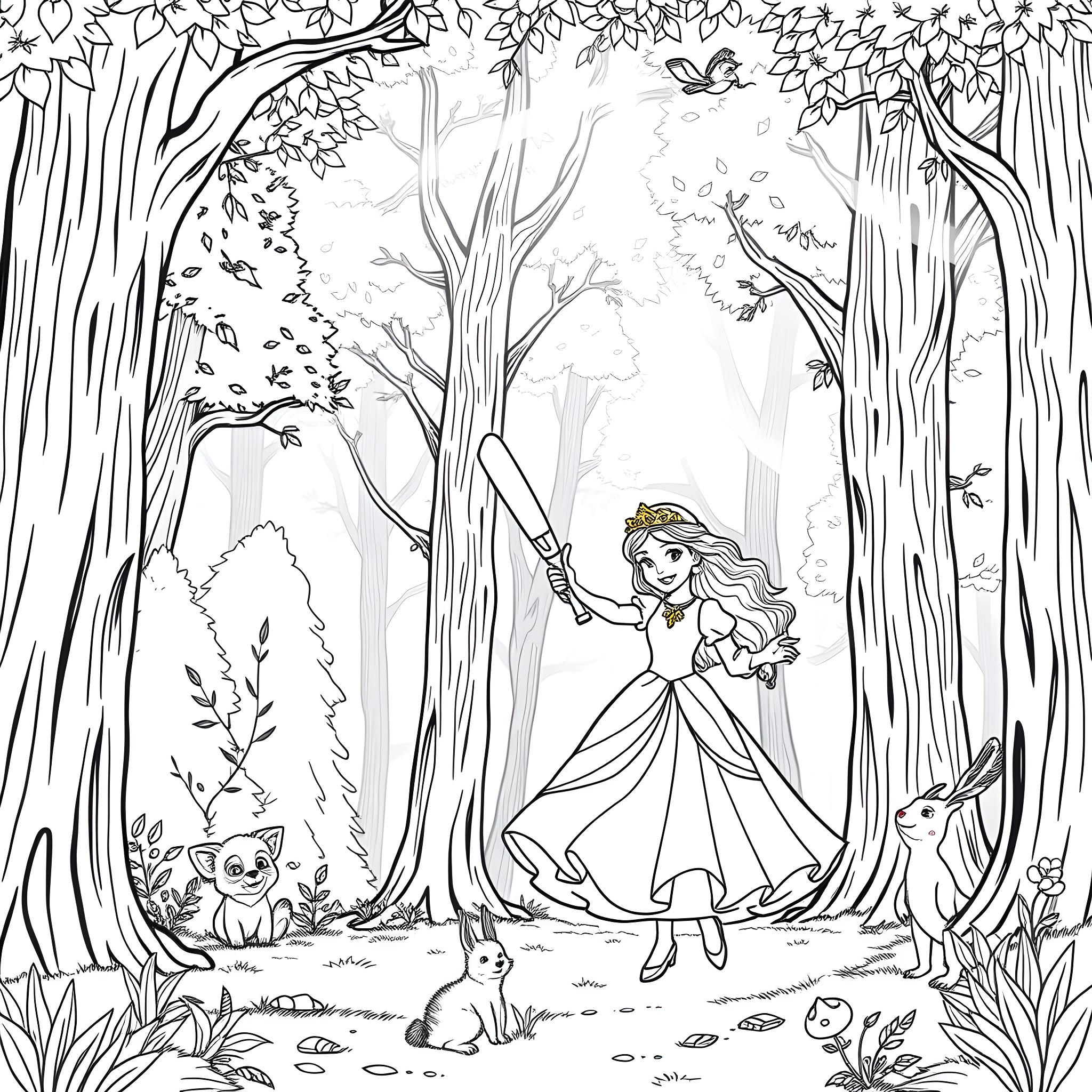 Princess in Enchanting Forest Adventure Coloring Page (free black-and-white line drawing printable PDF for all, from beginners to advanced learners, including children, teens, adults, and seniors)