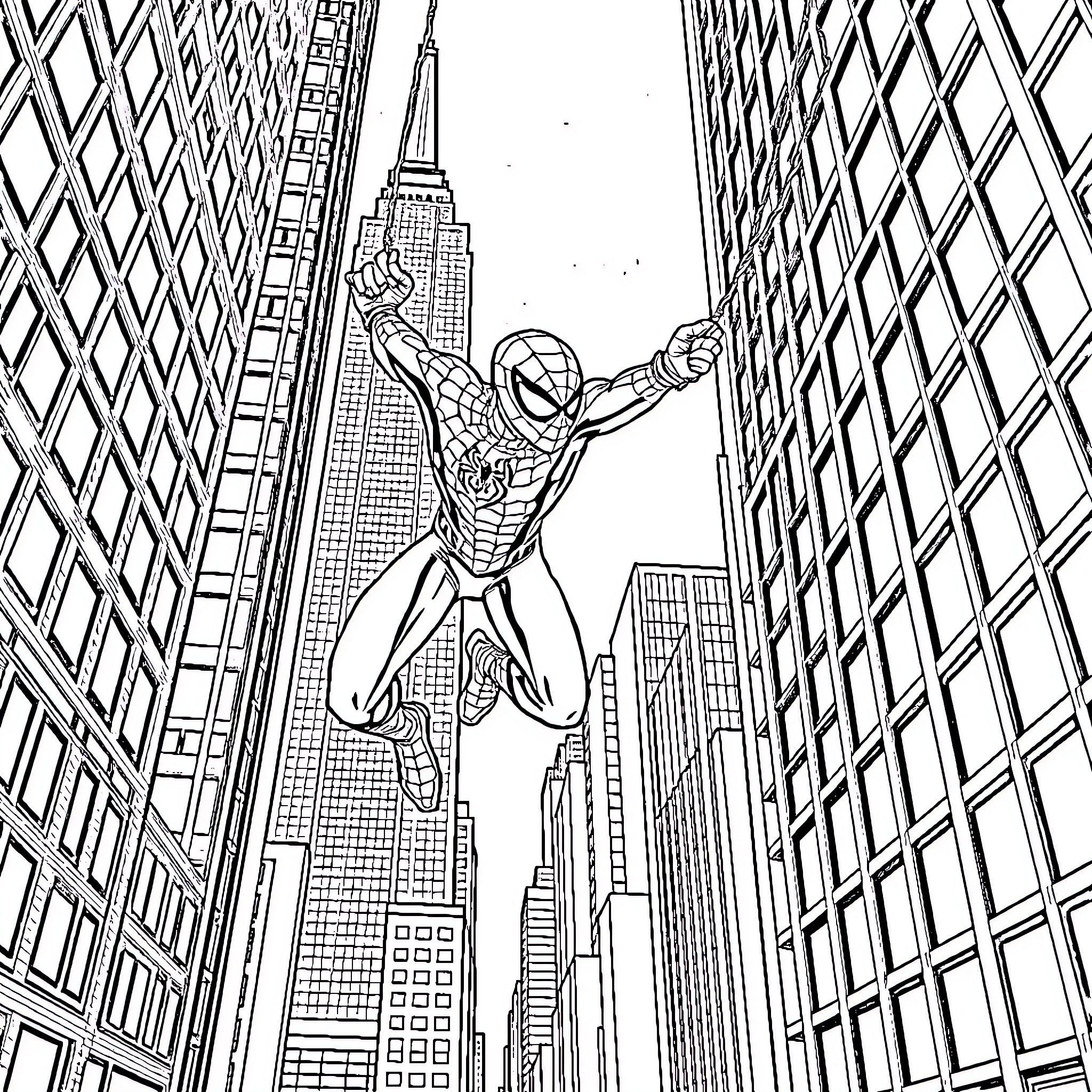 Spiderman swinging through the city skyscrapers Coloring Page (free black-and-white line drawing printable PDF for all, from beginners to advanced learners, including children, teens, adults, and seniors)