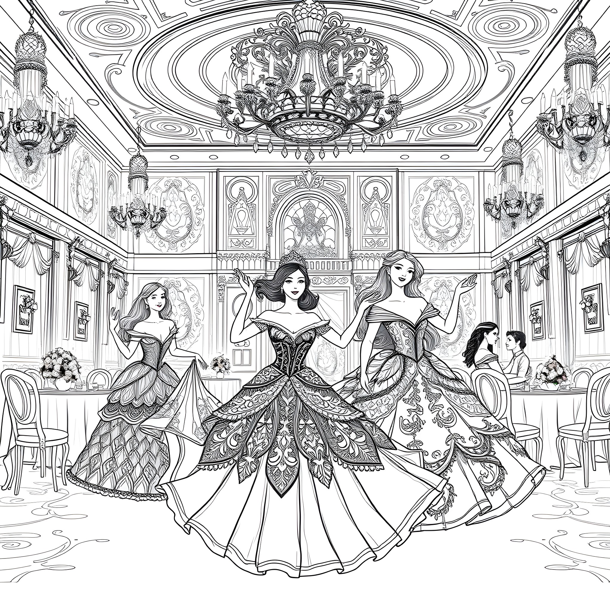Princess Ballroom Dancing in Ornate Palace Coloring Page (free black-and-white line drawing printable PDF for all, from beginners to advanced learners, including children, teens, adults, and seniors)