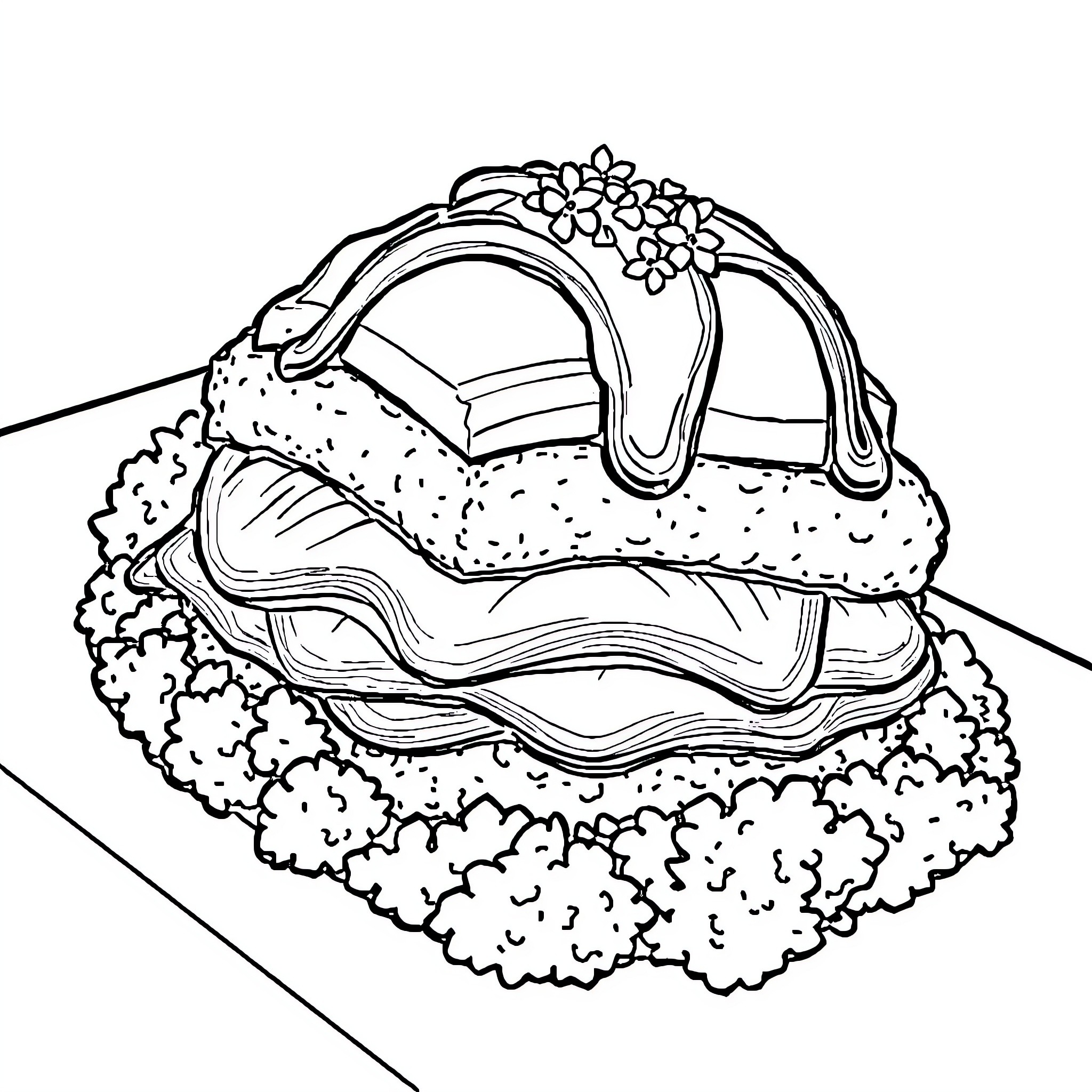 Woodstock-era Floral Adorned Bag on Table Coloring Page (free black-and-white line drawing printable PDF for all, from beginners to advanced learners, including children, teens, adults, and seniors)
