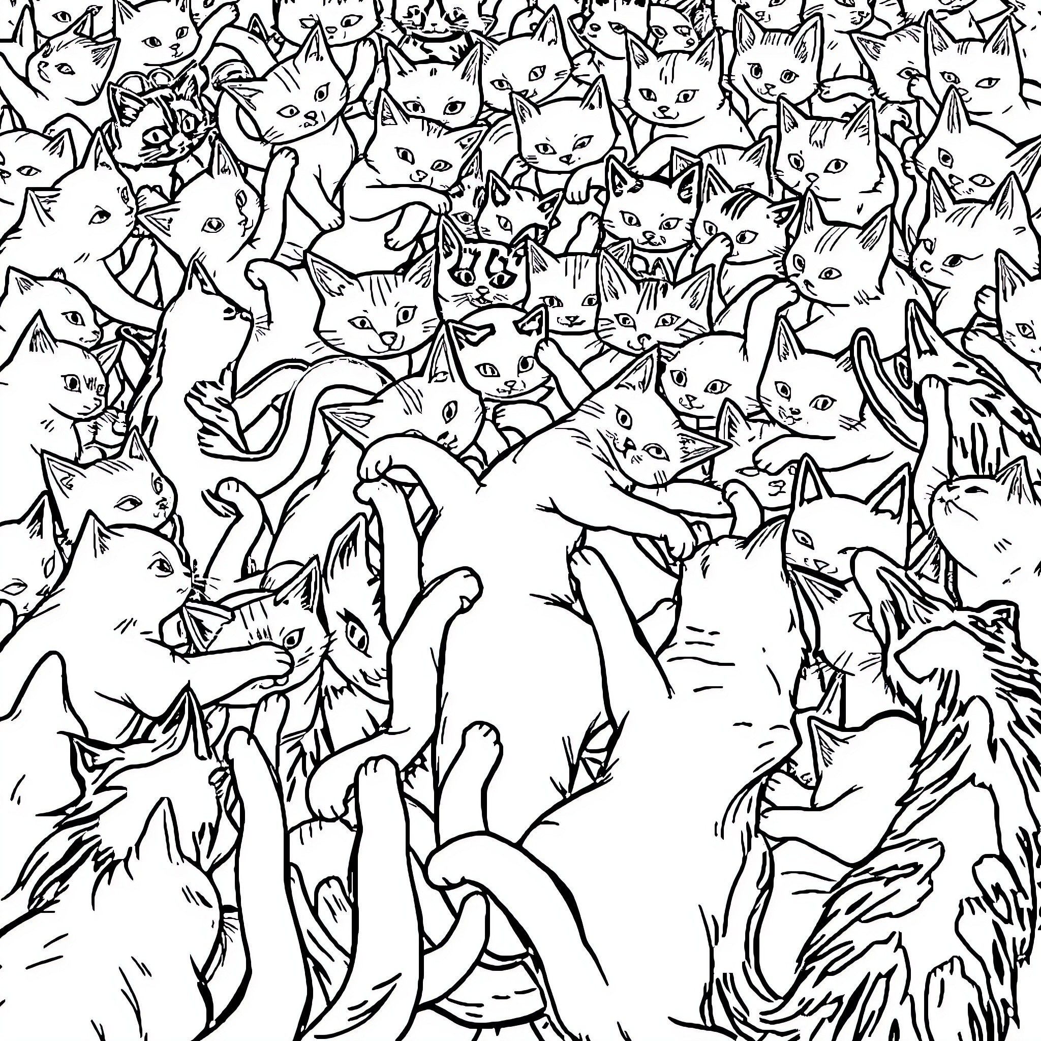 Cats Crowded Together Coloring Page (free black-and-white line drawing printable PDF for all, from beginners to advanced learners, including children, teens, adults, and seniors)